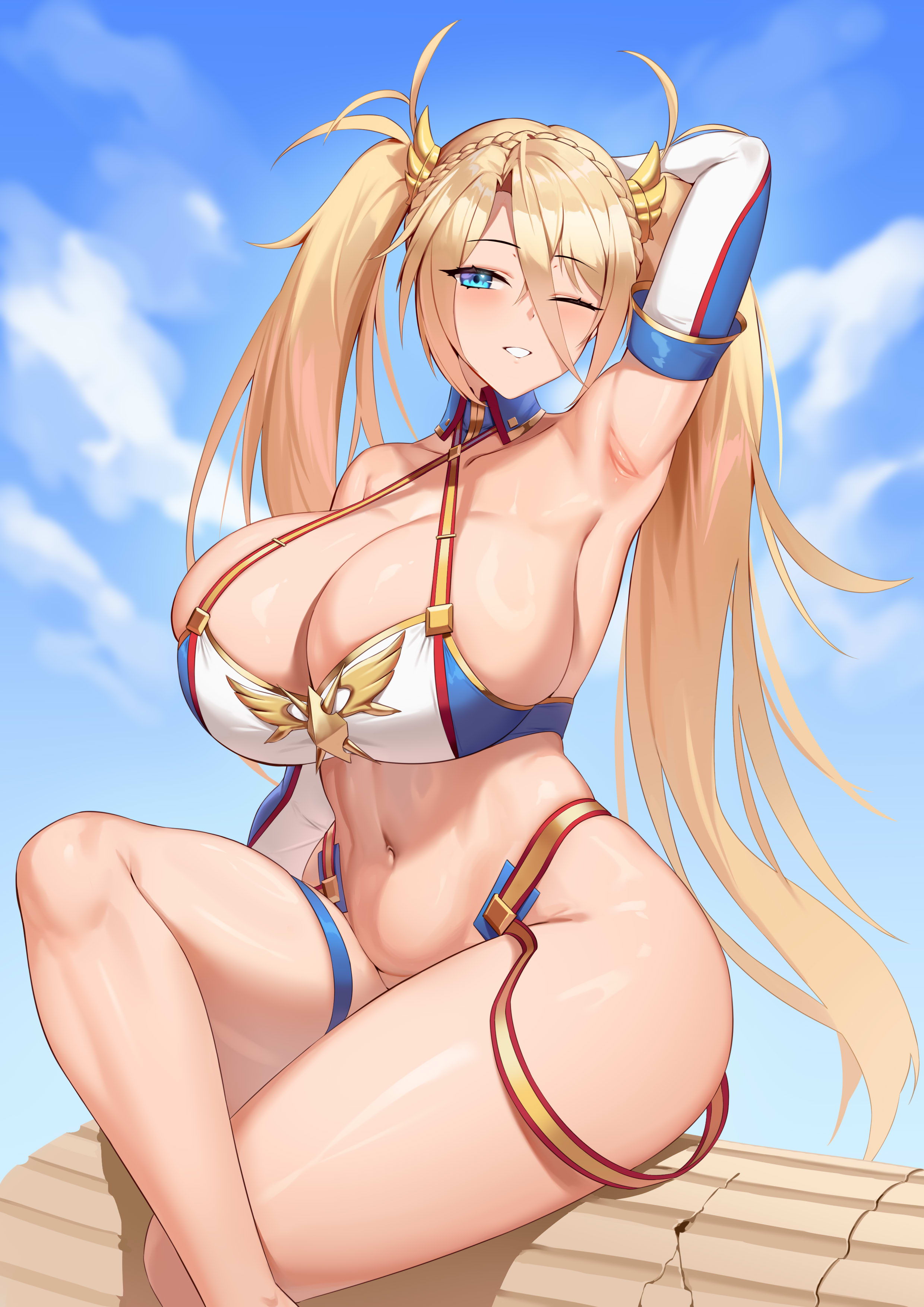 1girls, blonde hair, blue eyes, bradamante (fate), breasts, cleavage, fate (series), fate/grand order, female, huge breasts, jingb dx, light skin, light-skinned female, long hair, midriff, thick thighs, twintails