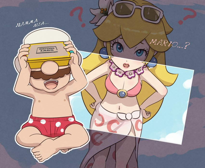 1boy 1girls 2019 ? arms_up bare_legs barefoot bikini blonde_hair blue_eyes breasts cleavage cloud confused feet female flower flower_necklace glasses gonzarez hair_flower holding_object humor jewelry leaning_forward long_hair looking_at_breasts looking_at_viewer male mario mario_(series) medium_breasts moustache necklace nintendo nintendo_labo nintendo_switch nipples open_mouth outdoors parody pervert pink_bikini pov princess_peach sarong sitting sky smile sunglasses sunglasses_on_head super_mario_odyssey swim_trunks swimsuit swimwear teeth text thighs toes tongue topless very_long_hair video_games virtual_reality