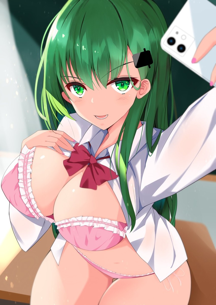 1girls bow bowtie bra breasts cellphone cleavage female female_only from_above green_eyes green_hair hair_ornament hairclip hand_on_own_chest highres indoors kantai_collection large_breasts long_hair looking_at_viewer no_pants open_clothes open_mouth open_shirt panties phone pink_bra pink_panties selfie shirt sidelocks sitting smartphone solo solo_female suzuya_(kantai_collection) ton_ton_tontoro underwear white_shirt