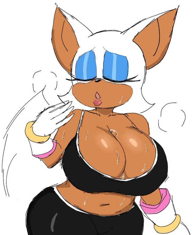1girls, anthro, bat, chiropteran, cleavage, fanning self, female, mobian (species), momiji (artist), rouge the bat, rouge the rider, sega, sonic (series), sonic the hedgehog (series), sweat, white hair, wide hips