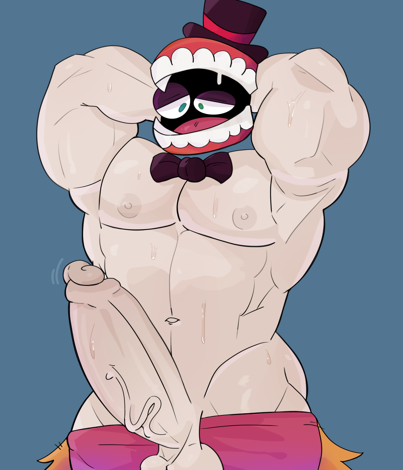 1boy, arms behind head, balls, bara, big penis, bowtie, caine (the amazing digital circus), gay, glitch productions, heterochromia, huge cock, humanoid, male, male only, mentholplug, mthojunkyf, multicolored eyes, muscular, navel, nipples, pecs, penis, slurpjunkk, solo male, stretching, sweat, the amazing digital circus, top hat, veiny penis, yaoi