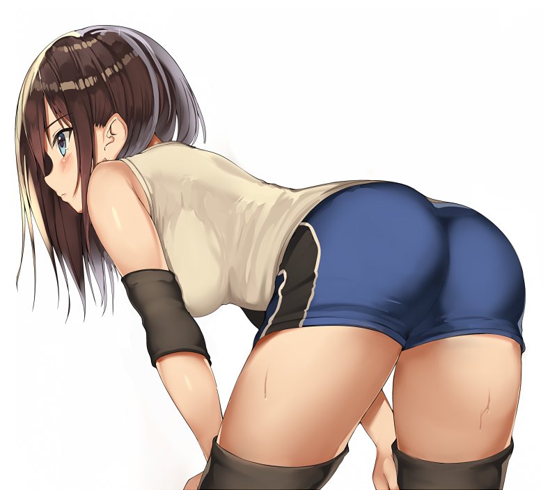 ass, bare shoulders, bent over, blue eyes, blue shorts, blush, breasts, brown hair, brown legwear, closed mouth, cowboy shot, elbow pads, female, grey shirt, hands on own thighs, in profile, kureha (ironika), long hair, medium breasts, original, shirt, short shorts, shorts, sidelocks, simple background, sleeveless, sleeveless shirt, solo, sportswear, sweat, thighhighs, thighs, tsubasa (kureha), volleyball uniform, white background