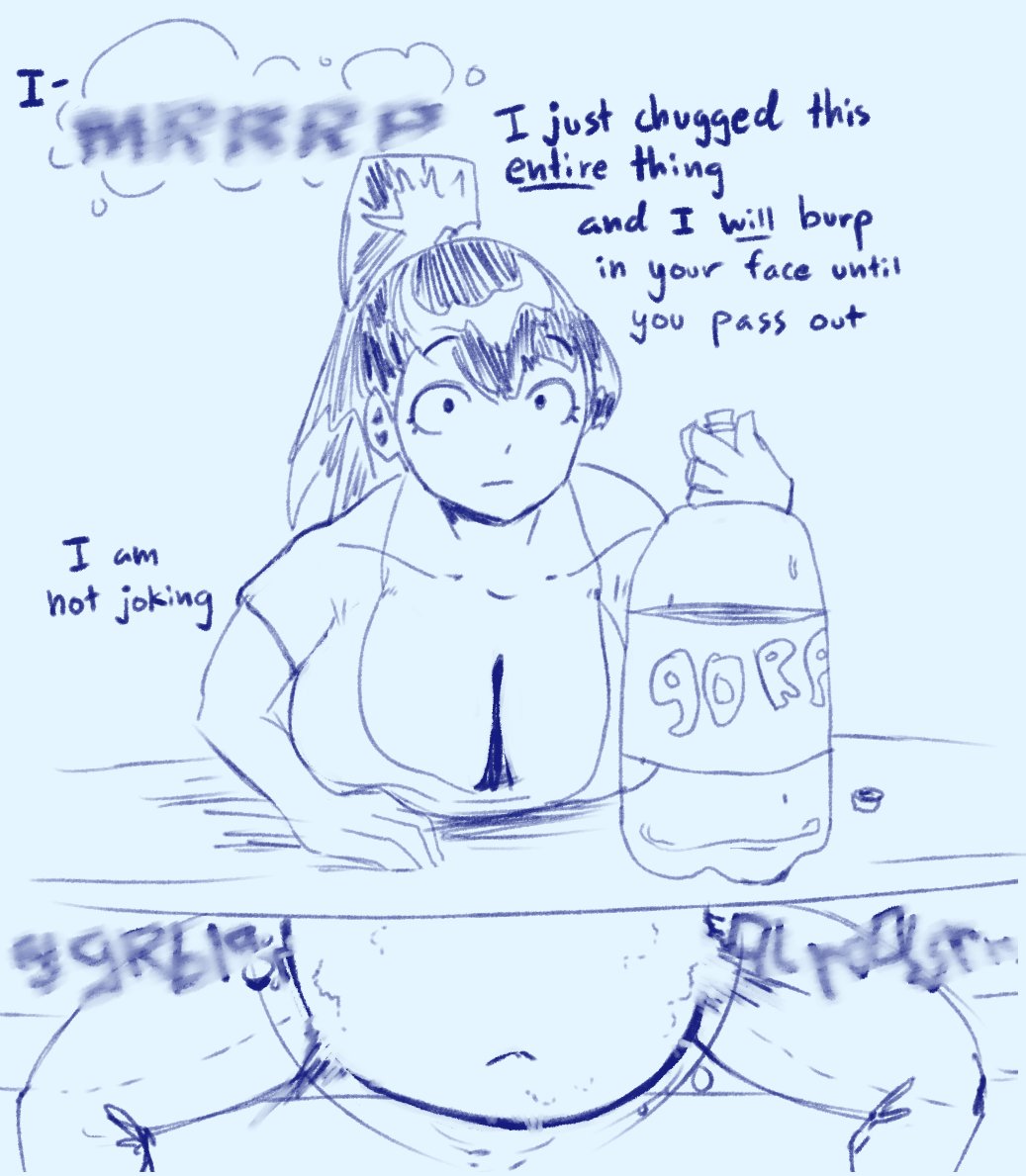 big belly, big breasts, bloated belly, blue background, burping, dark hair, drinking soda, female, female only, gurgling noise, overweight, overweight female, pbysteria, plain background, stuffed belly, stuffing, weight gain