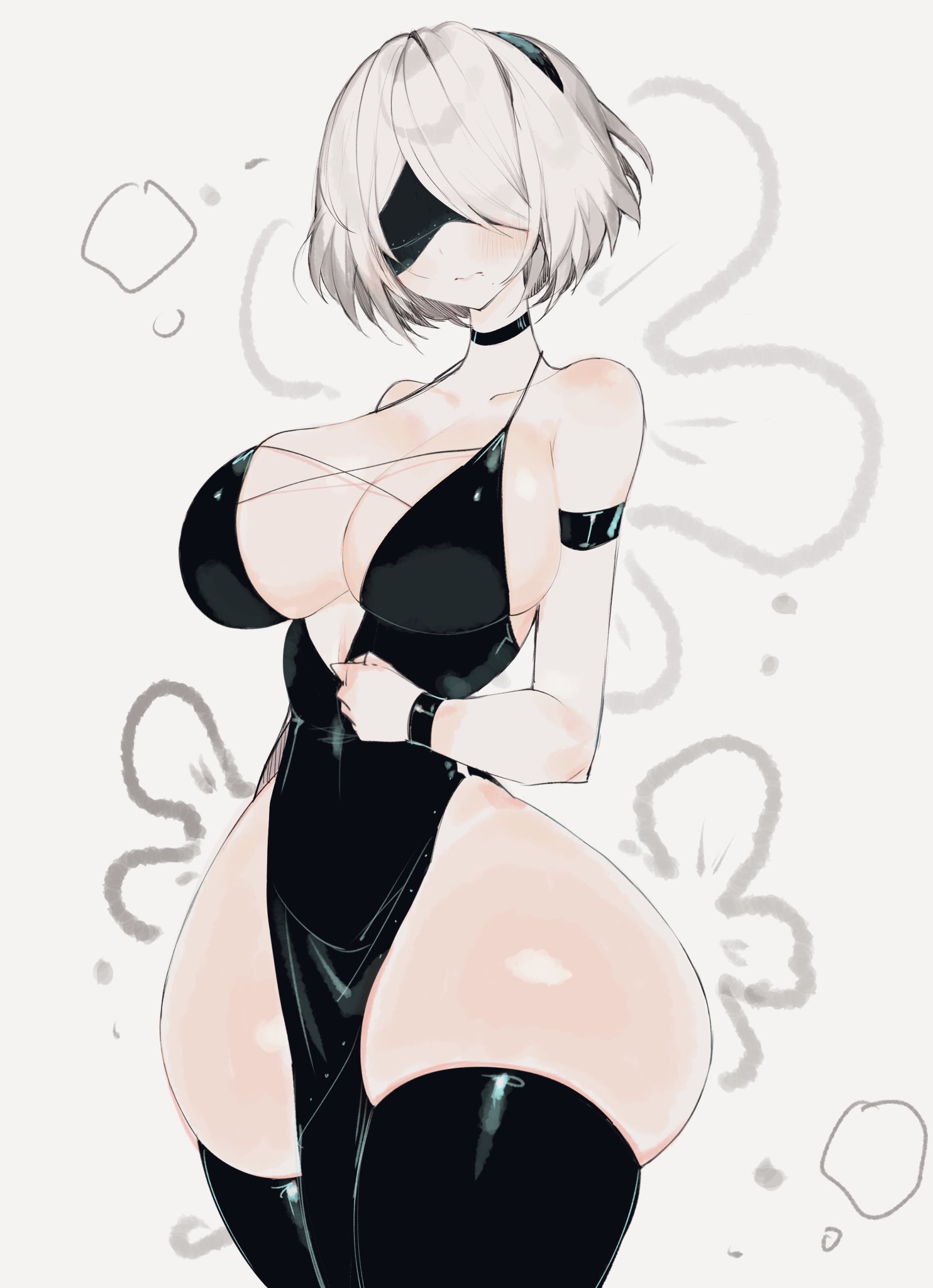 1girls, android, android girl, black dress, blindfold, breasts, cleavage, dress, female, female only, large breasts, nier, nier: automata, short hair, slim waist, square enix, thick thighs, usa37107692, white hair, wide hips, yorha 2b