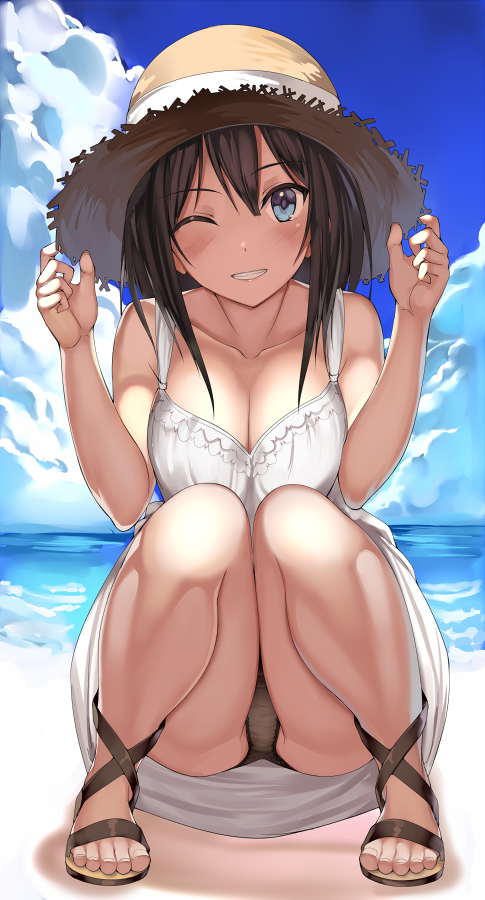 ass bangs bare_arms bare_legs bare_shoulders beach bent_knees black_hair black_panties black_underwear blue_eyes blue_sky blush breasts clavicle cleavage cloud day dress eyebrows_visible_through_hair feet feet_apart female full_body hands_on_headwear hands_up hat knees_together knees_together_feet_apart kureha_(ironika) large_breasts legs lingerie long_hair ocean one_eye_closed open_mouth original outdoors panchira panchira_(squatting) pantsu parted_lips sandals sky sleeveless sleeveless_dress smile solo squatting straw_hat sun_hat sundress teeth toes tsubasa_(kureha) underwear upskirt water white_dress wink