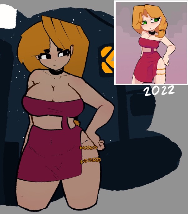 1girls, alex (minecraft), bottomless, choker, chucknomore, cleavage, dress, female, green eyes, hand on hip, minecraft, solo, thick thighs, voluptuous
