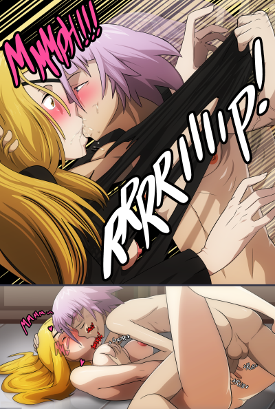 androgynous big_breasts blonde_hair blush breasts completely_naked completely_nude crona_(soul_eater) eyepatch feminine_male marie_mjolnir meteorreb0rn naked pale-skinned_male pale_skin pink_hair sex soul_eater striped