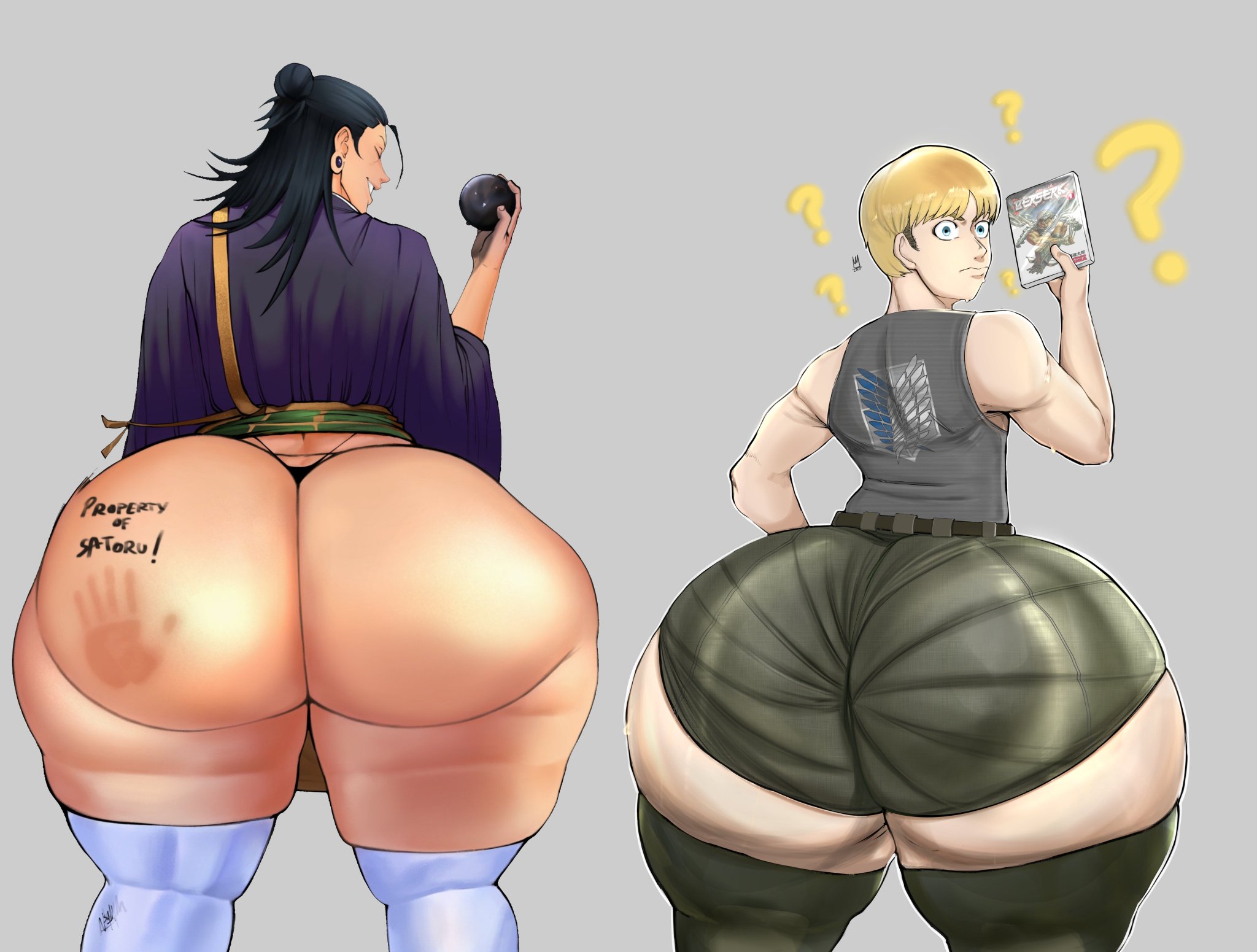2boys, 2femboys, armin arlert, ass, attack on titan, berserk, big ass, big ass (male), big butt, black hair, femboy, guts (berserk), huge ass, huge butt, jujutsu kaisen, male, male only, notsafe4marcus, suguru geto