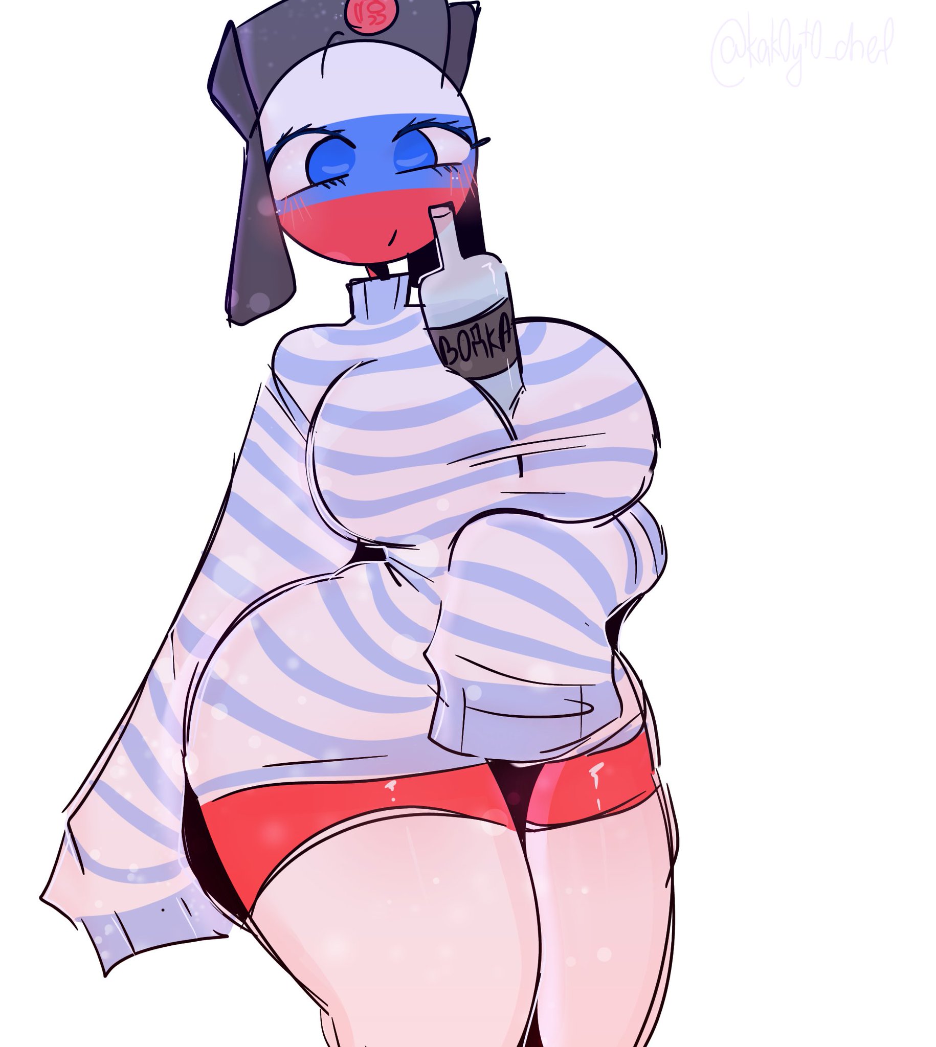 1girls, ass, big ass, big breasts, breasts, countryhumans, countryhumans girl, female, kak0yt0 chel, russia (countryhumans), ushanka, vodka