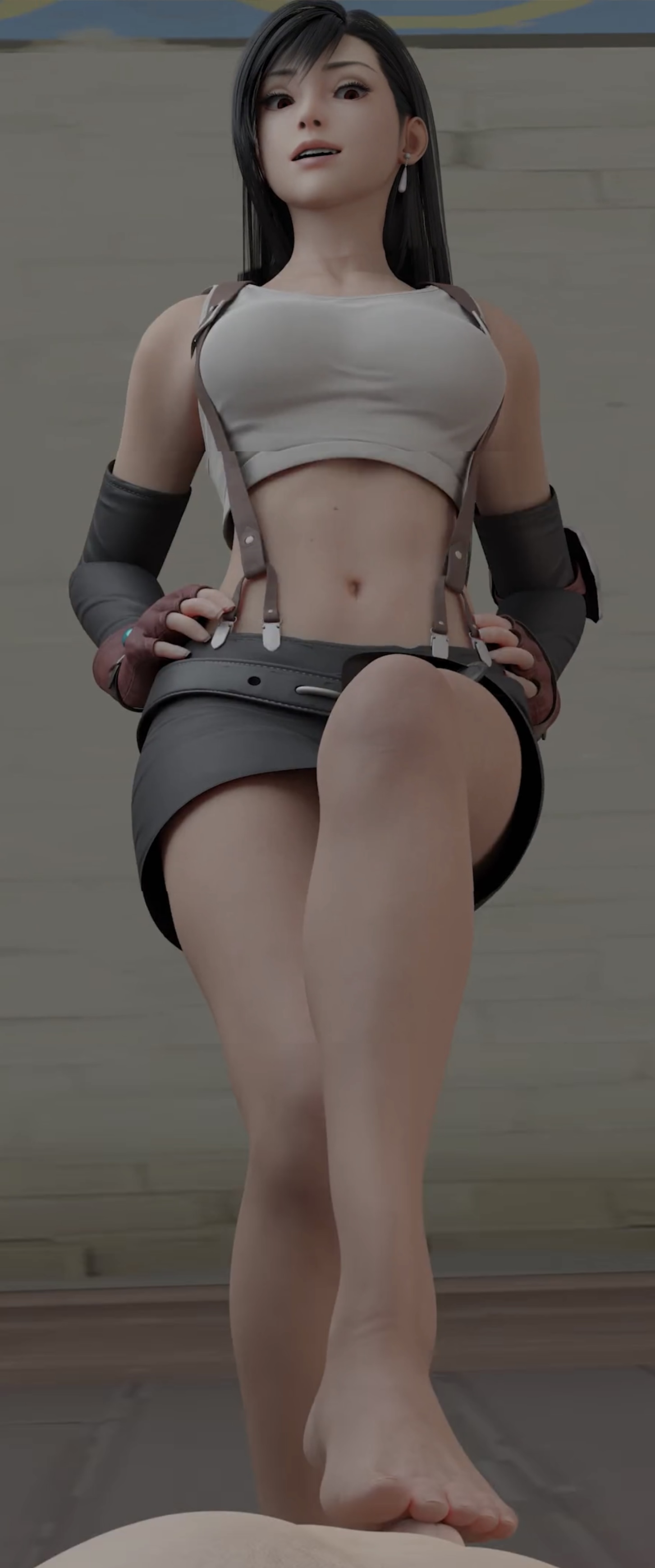 barefoot, belly, big hips, cfnm, clothed female nude male, dissidia, dissidia final fantasy, dominant female, domination, erection, feet, feet on penis, female, femdom, final fantasy, final fantasy vii, foot fetish, footjob, hands on hips, looking at viewer, looking pleasured, male, penis, pov, pov crotch, redmoa, standing footjob, submissive male, submissive pov, tifa lockhart