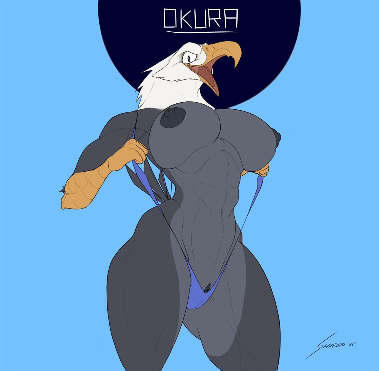 2021, abs, accipitrid, accipitriform, anthro, areola, avian, bald eagle, beak, biceps, big breasts, big nipples, bikini, bird, black body, blue clothing, blue swimwear, breasts, cameltoe, character name, clitoral hood, clitoris, clothed, clothing, curvy figure, deltoids, digital media (artwork), eagle, exposed breasts, feathers, female, genitals, hi res, muscular, muscular anthro, muscular female, naughty face, navel, nipples, non-mammal breasts, okura (jelomaus), open mouth, pose, puffy nipples, pussy, sea eagle, shredded wheat, signature, simple background, skimpy, sling bikini, smile, solo, swimwear, tail feathers, thick thighs, tongue, wide hips, yellow beak