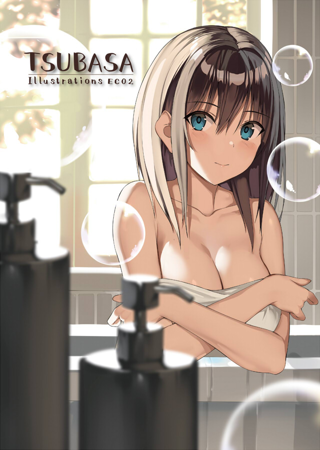 bath bathing bathroom blue_eyes blurry blurry_foreground blush breasts brown_hair character_name cleavage closed_mouth covering covering_breasts depth_of_field female female indoors kureha_(ironika) large_breasts looking_at_viewer medium_hair naked_towel original smile soap_bottle soap_bubbles solo towel tsubasa_(kureha) upper_body window