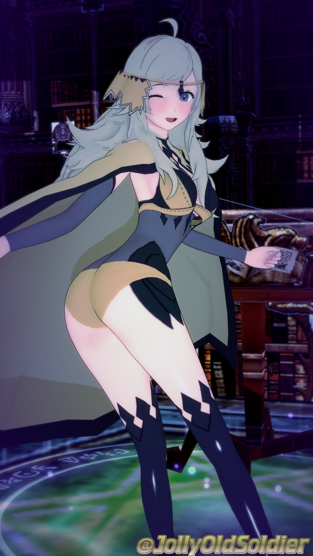 1girls 3d ;d ahoge armpits ass bare_thighs big_ass blonde_hair bodystocking book bookshelf breasts cape female female_only fire_emblem fire_emblem_fates grey_eyes indoors jollyoldsoldier koikatsu library long_hair looking_at_viewer looking_back magic medium_breasts night nintendo nude one_eye_closed open_mouth ophelia_(fire_emblem) panties solo thighhighs thighs underwear wink yellow_panties