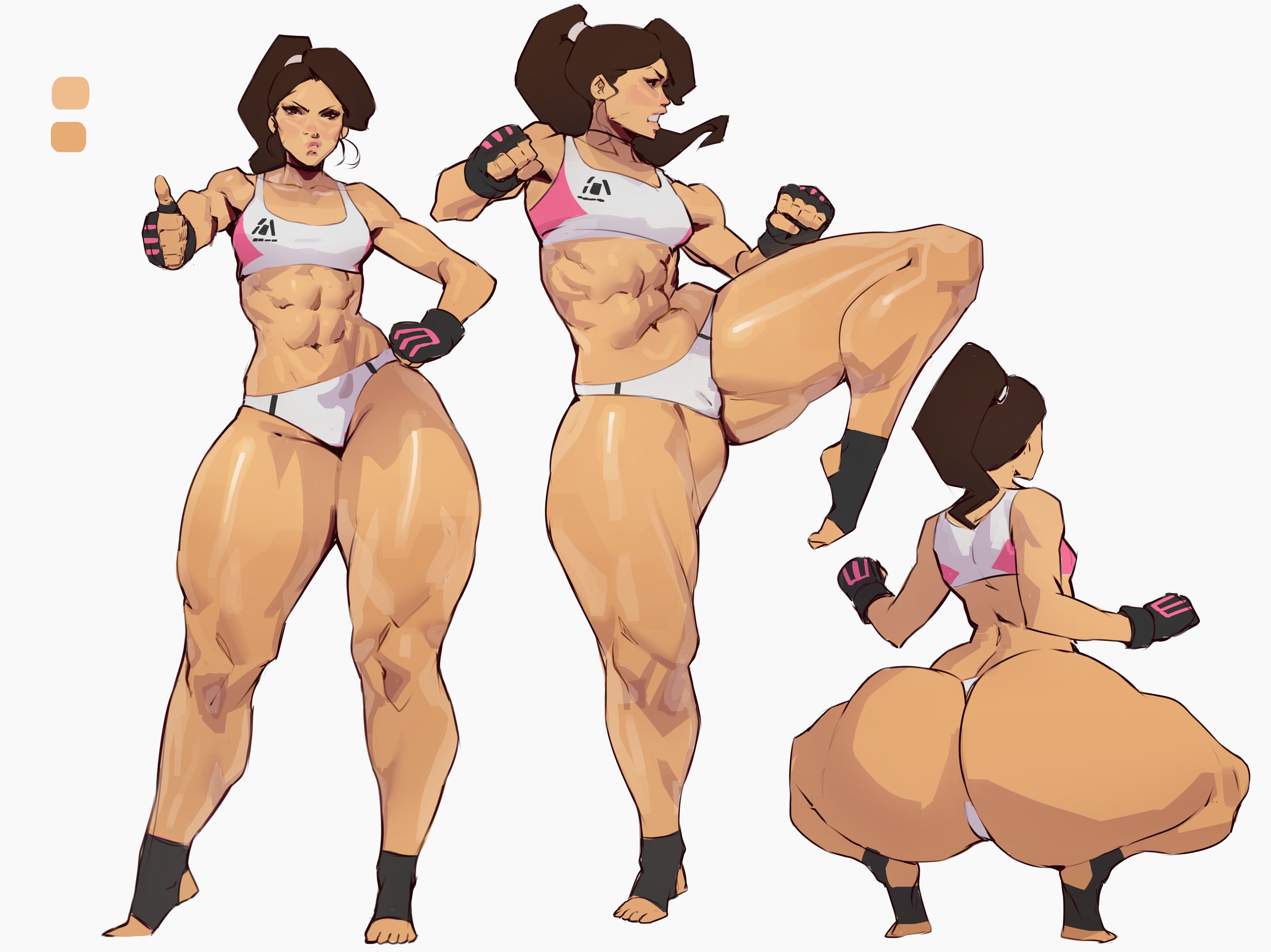 1girls, 2024, abs, ass, big ass, bottom heavy, brown eyes, brown hair, cameltoe, clenched teeth, female, fingerless gloves, latina, magicmoonsarts, ponytail, pussy, sasha gomez, squatting, thick thighs, thumbs up, voluptuous