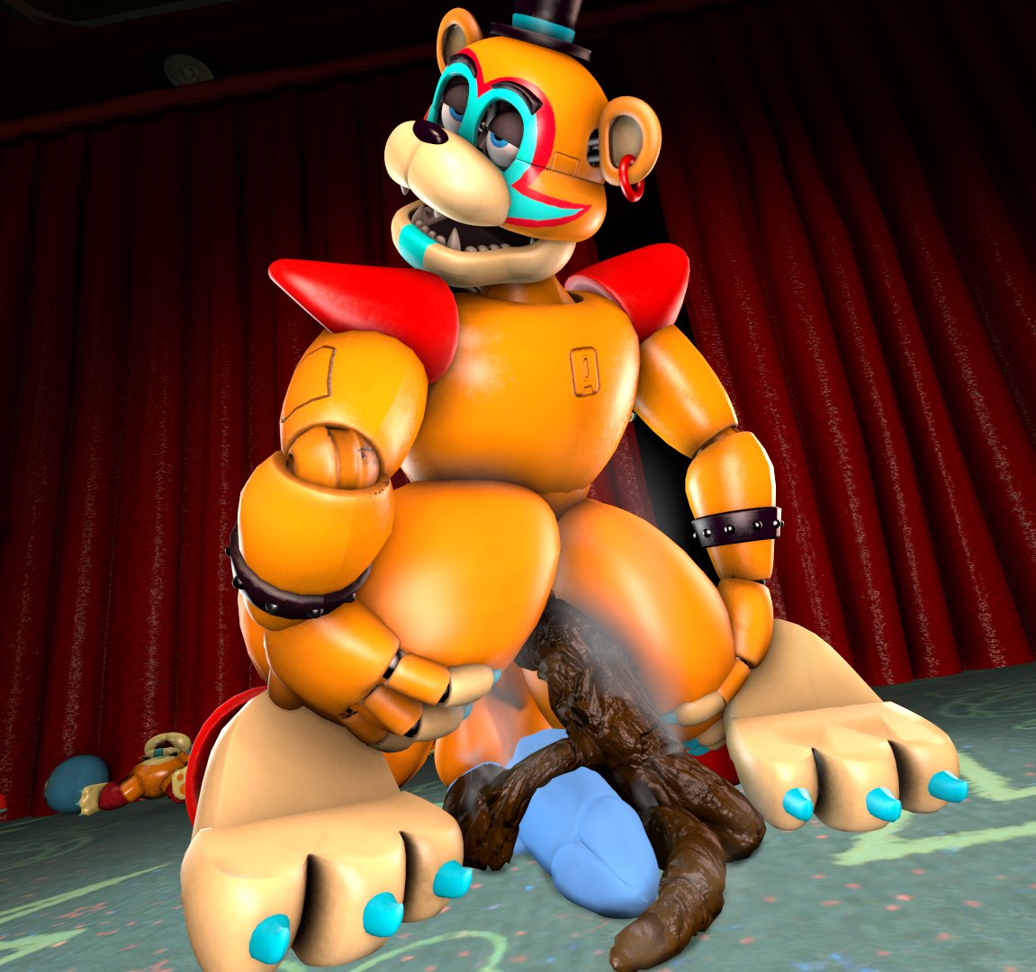 2023 ass big_butt bonfiebutt bubble_butt dildo eye_roll feces feces_on_dildo five_nights_at_freddy's five_nights_at_freddy's:_security_breach glamrock_freddy holding_butt holding_own_butt looking_pleasured male red_curtains scat scottgames sex_toy solo stage stage_curtains steam steel_wool_studios