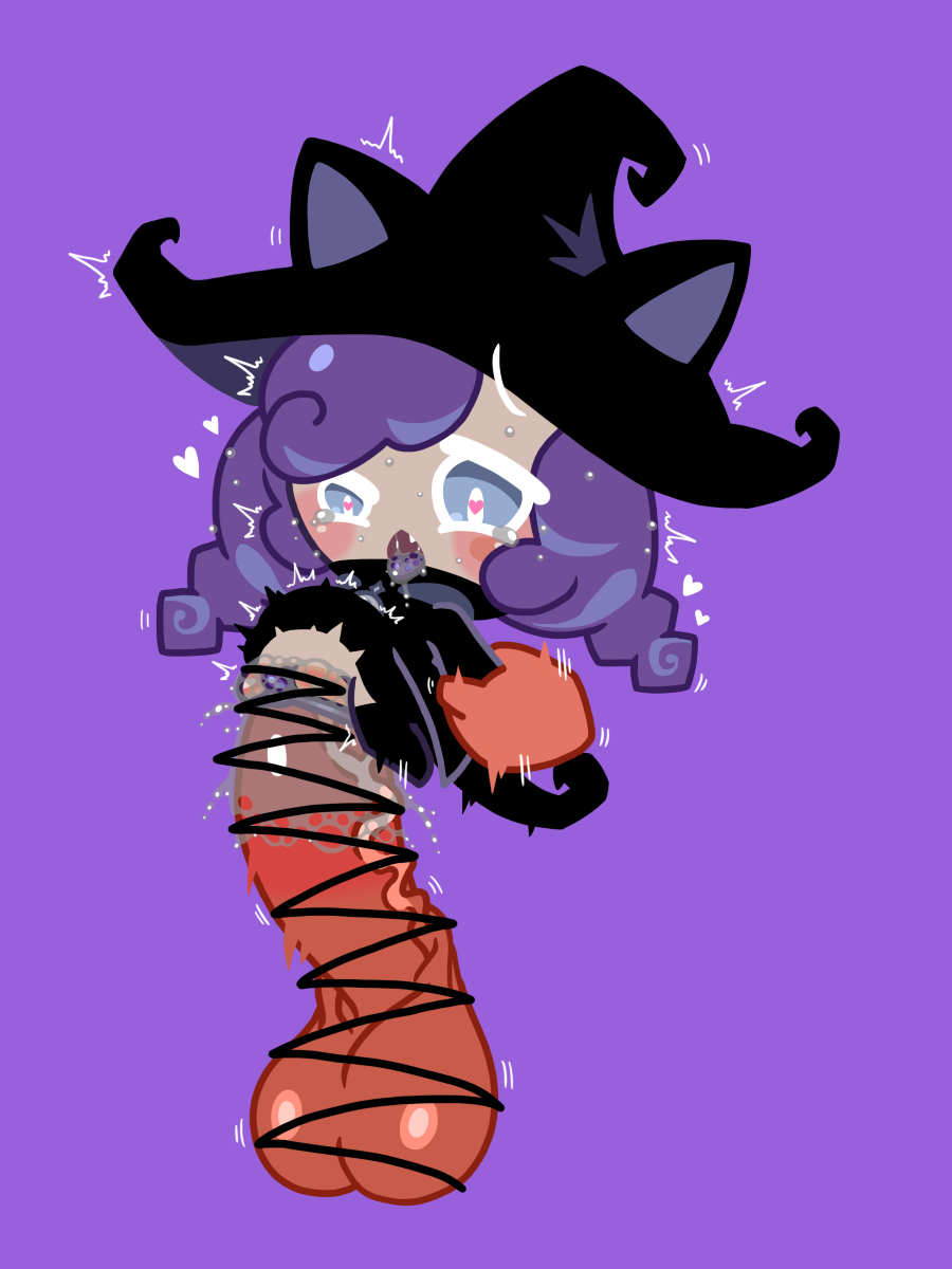 anthro big_penis cookie cookie_run domestic_cat felid feline felis female food genitals grabbing_from_behind hair heart_symbol hi_res loren_(artist) lorennsfw mammal minigirl penis purple_hair pussy size_difference solo witchberry_cookie