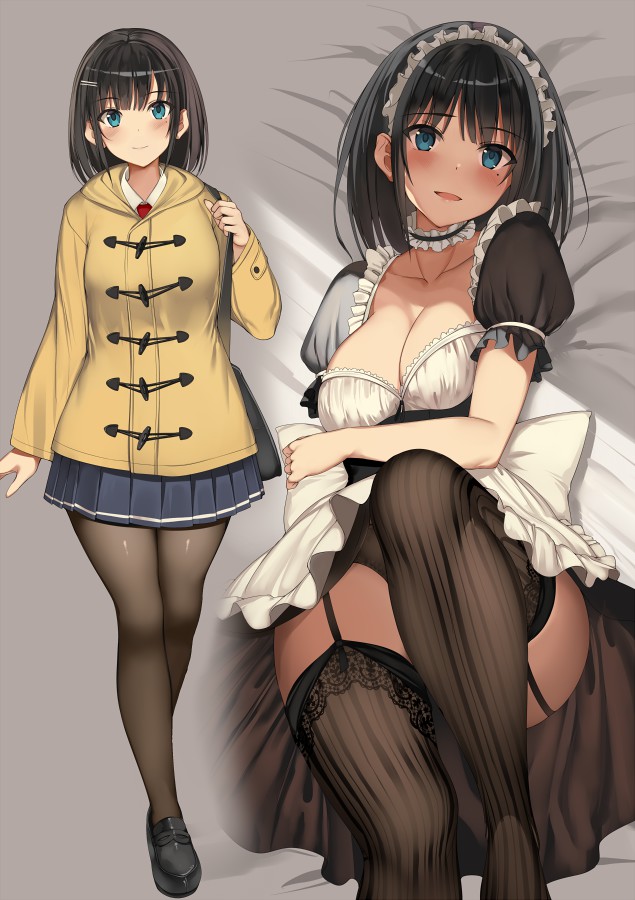 1girls bag black_dress black_footwear black_hair black_legwear black_panties black_underwear blue_eyes blue_skirt breasts choker clavicle cleavage coat dress duffel_coat female frilled_choker frills garter_straps hood hood_down knee_up kureha_(ironika) lingerie loafers looking_at_viewer lying maid maid_headdress medium_breasts medium_hair miniskirt multiple_views on_back open_mouth original pantsu panty_peek pantyhose pleated_skirt shoes shoulder_bag skirt slip-on_shoes smile solo standing tsubasa_(kureha) undershirt underwear