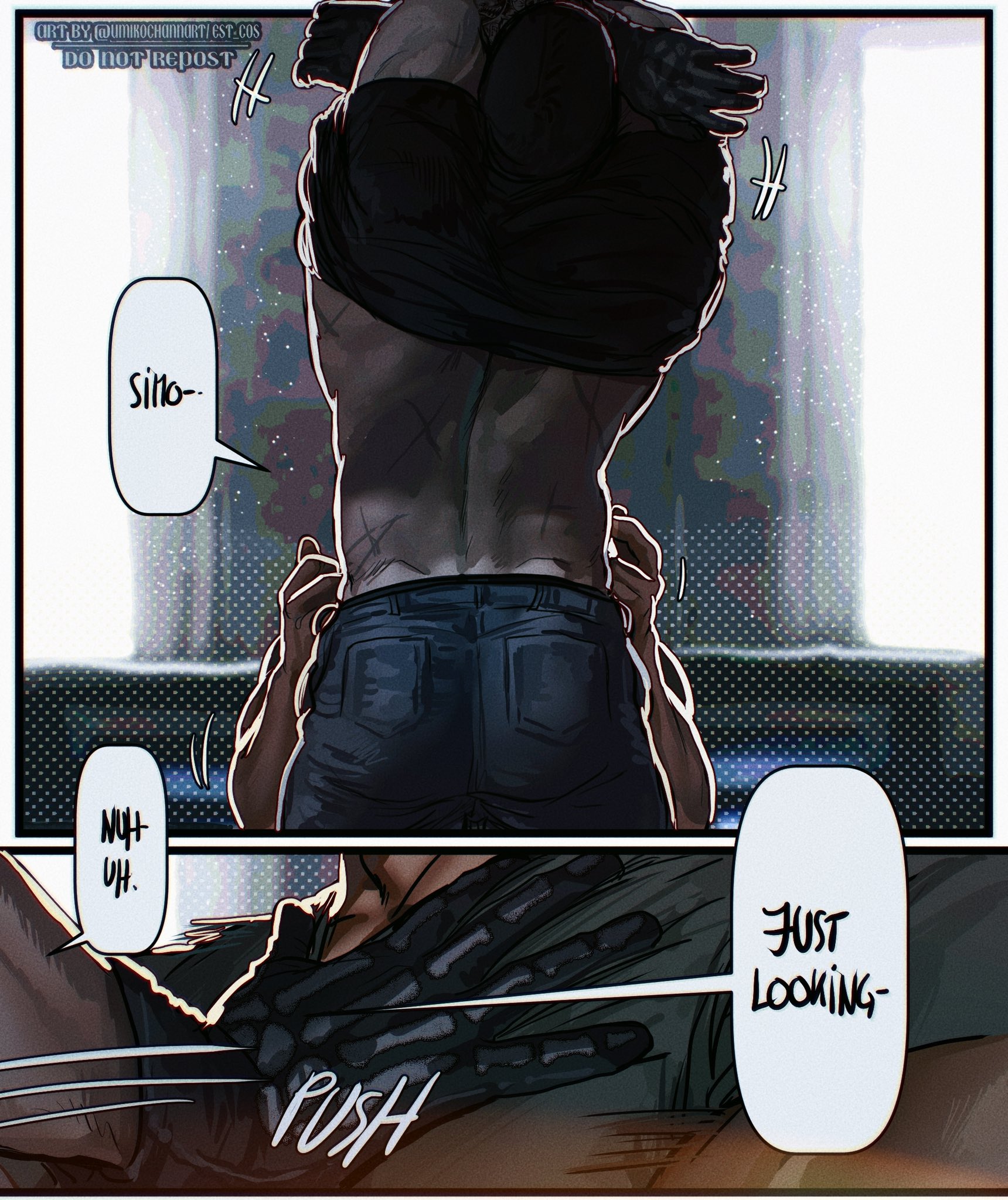 bara, call of duty, call of duty modern warfare 2 (2022), denial, gay, ghost (modern warfare 2), groping, john mactavish, male, no visible genitalia, page 1, removing shirt, simon riley, striptease, taking clothes off, taking off shirt, umikochannart, yaoi