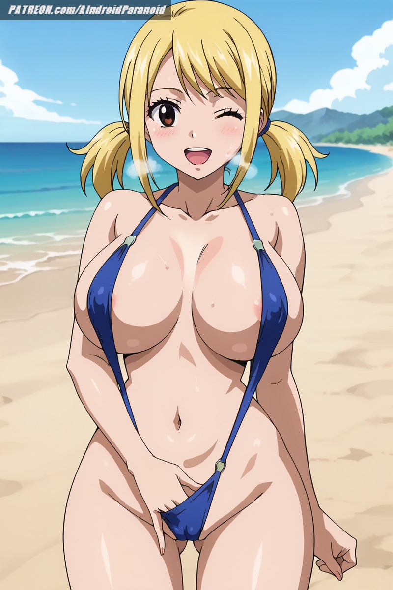 1girls, ai generated, aindroidparanoid, ass, beach, big breasts, blonde hair, blonde-haired female, breasts, brown eyes, busty, cameltoe, fairy tail, fat ass, female, female only, fingering, fingering pussy, hips, huge ass, huge breasts, large ass, lucy heartfilia, navel, nipples, outdoors, pussy, sling bikini, stable diffusion, swimsuit, twintails, wide hips