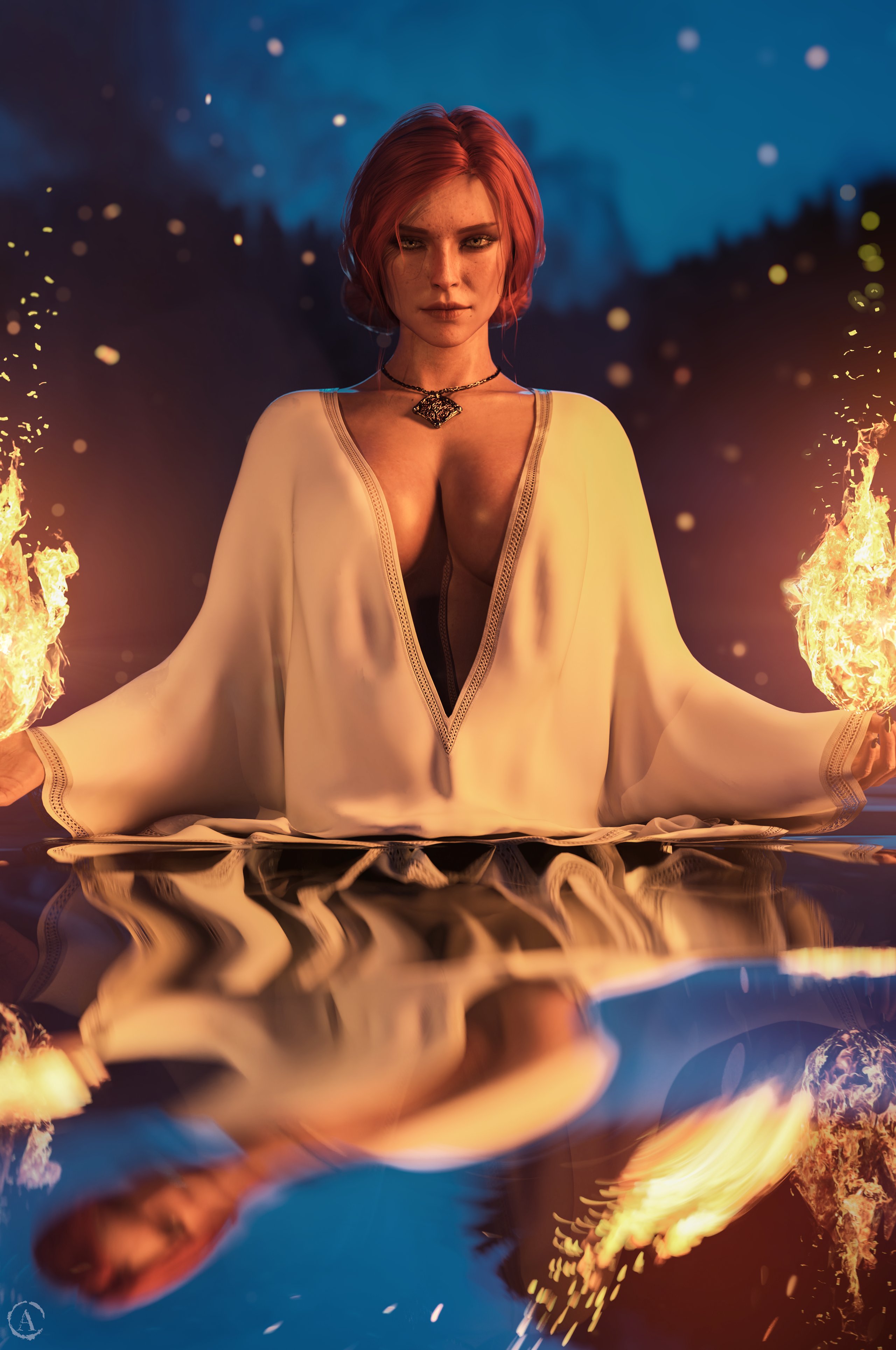 3d, alf3d, bathing, breasts, clothing, female, freckles on face, light skin, light-skinned female, red hair, solo, the witcher (series), the witcher 3: wild hunt, triss merigold