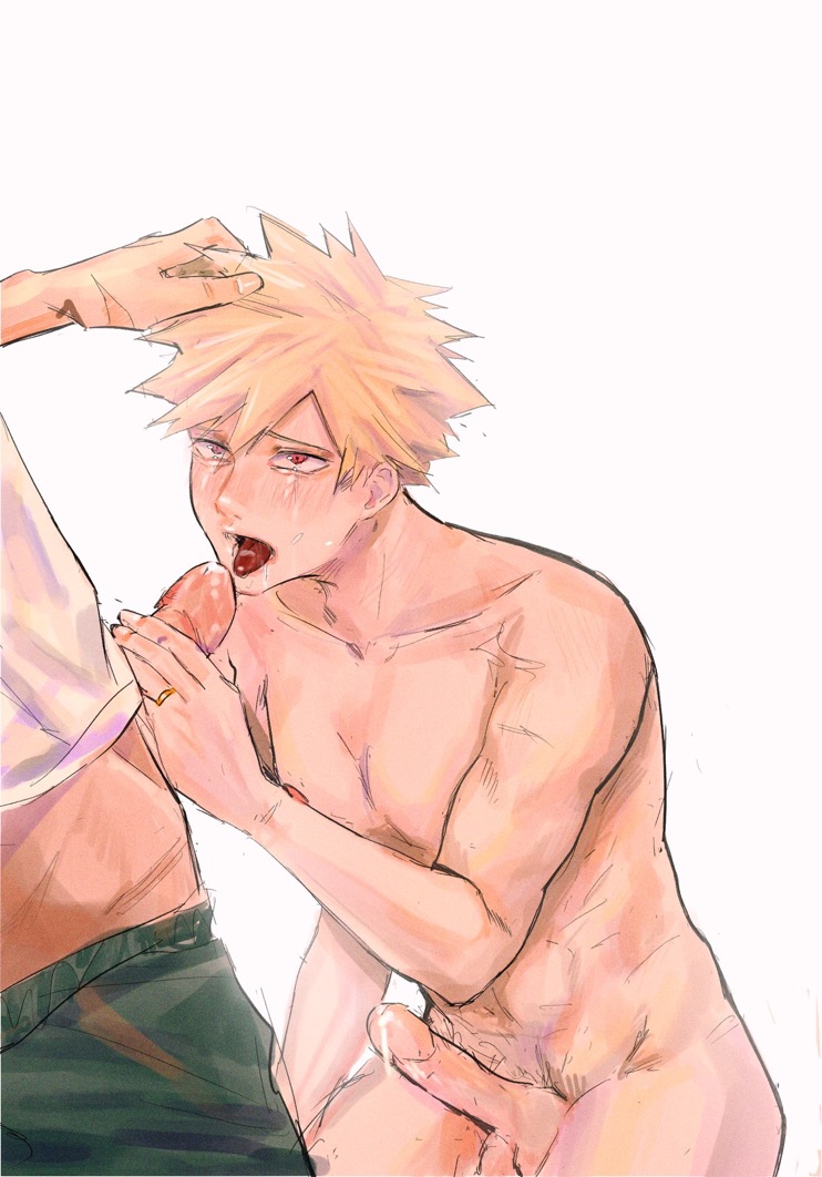 2boys bare_arms bare_chest bare_shoulders blonde_hair blowjob bodily_fluids clothed_male_nude_male cmnm cock_hungry crying crying_with_eyes_open cum cum_drip cum_hungry dripping_cum erect_penis erection fellatio gay genitals hand_on_hair hand_on_head hand_on_penis head_out_of_frame holding_penis izuku_midoriya katsuki_bakugou male male/male male_only my_hero_academia nipple_peek open_mouth oral oral_sex penis precum precum_drip red_eyes ring tears tongue tongue_out yaoi younger_male