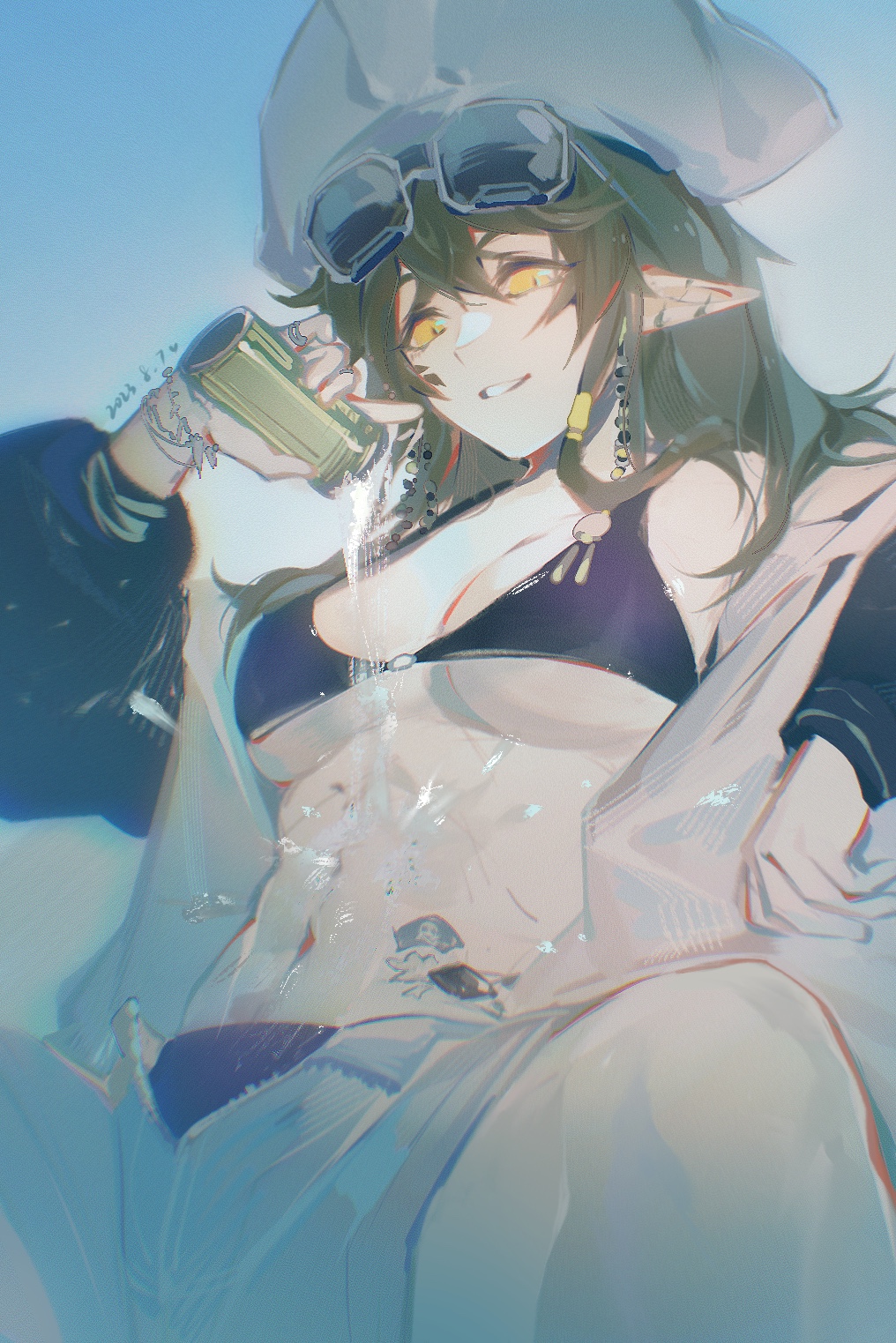 2025 arknights bikini bikini_under_clothes blonde_hair blue_bikini breasts can chest_tattoo cleavage dated eyewear_on_head female gavial_(arknights) green_hair hat hi_res holding holding_can jacket long_hair looking_at_viewer material_growth medium_breasts midriff moozsilent navel open_clothes open_jacket open_mouth oripathy_lesion_(arknights) pointy_ears pouring pouring_onto_self shorts sitting smile solo sunglasses swimsuit tattoo