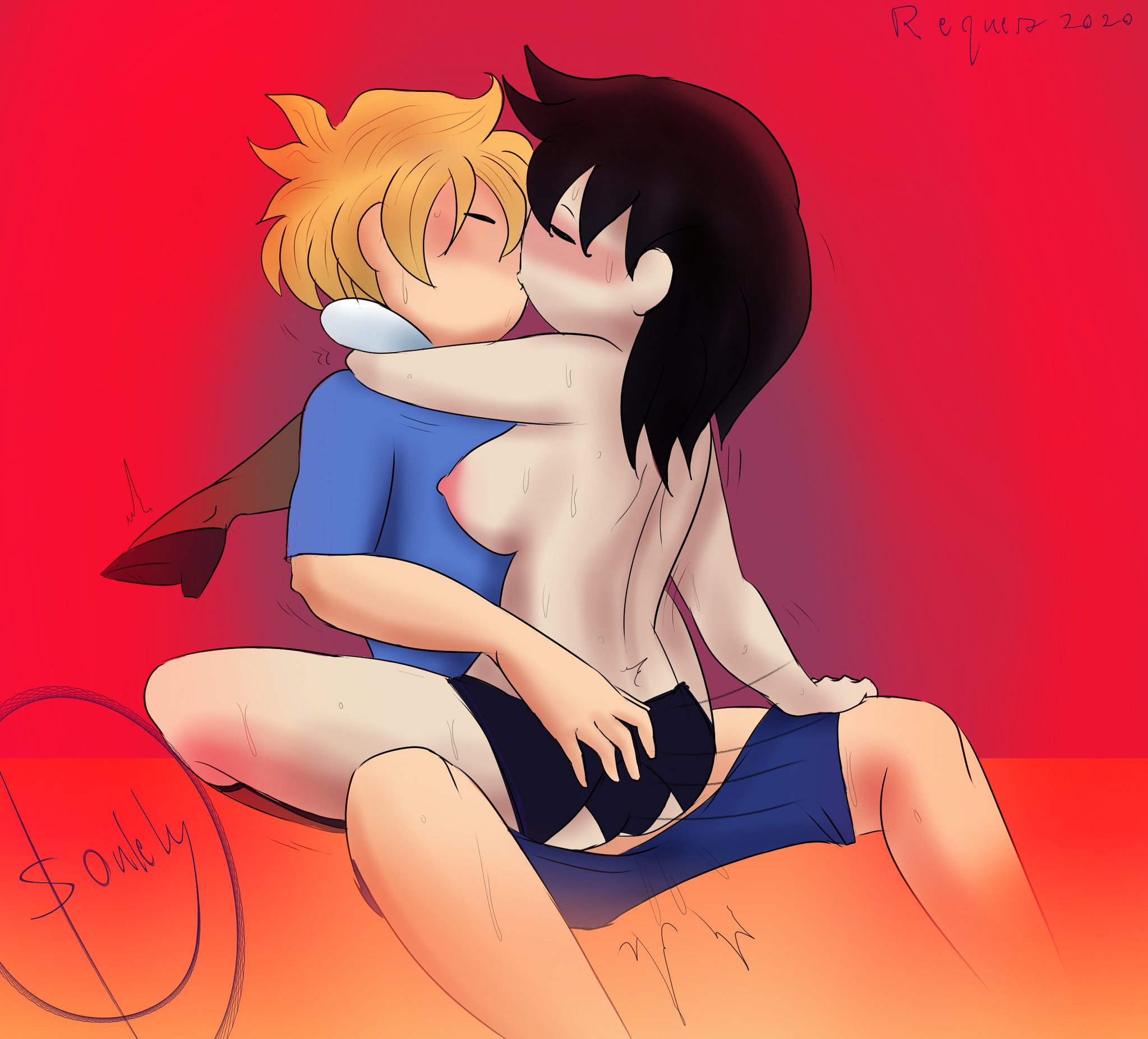 adventure time, beth tezuka, black hair, blonde hair, blue shirt, blue shorts, blush, bravest warriors, breasts, cartoon network, closed eyes, clothed male nude female, clothed sex, cowgirl position, crossover, female, finn the human, high heels, implied penetration, implied sex, kissing, long hair, male, panties, red background, sex, sex under skirt, short hair, sitting on lap, skirt, souley69, thighhighs, upright straddle
