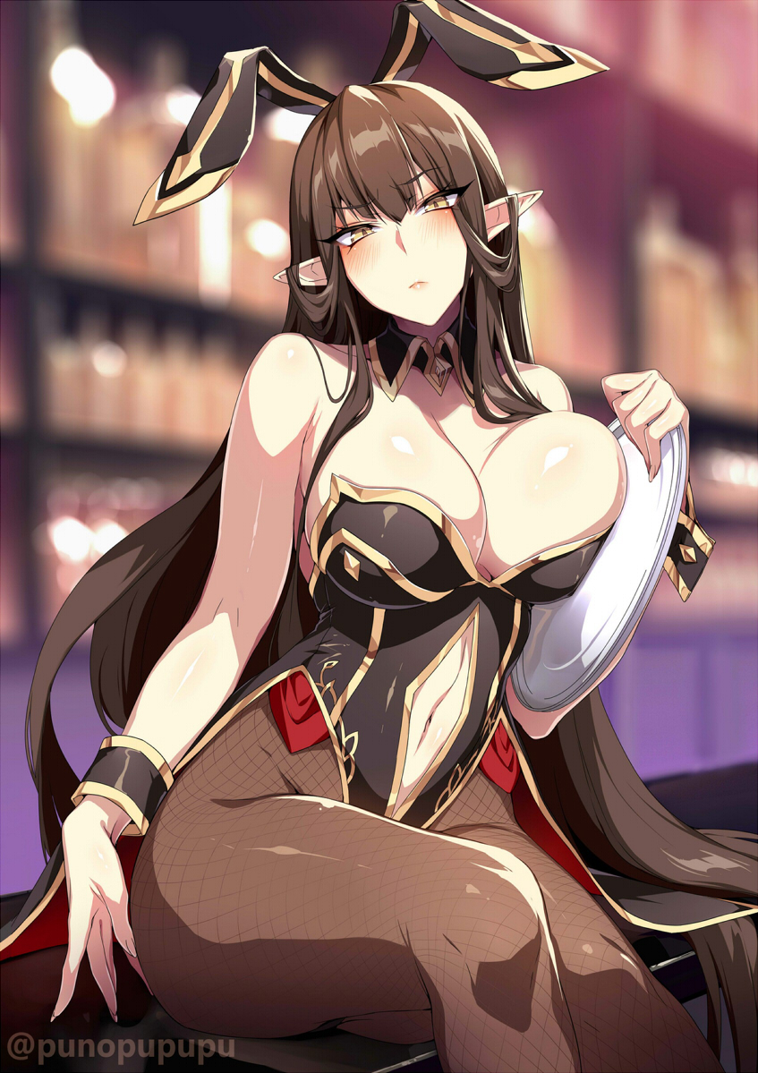 1girls 2021 artist_signature bangs bar belly_button blush breast_squish breasts brown_hair bunny_ears bunny_girl bunnysuit cleavage detached_collar detached_cuffs embarrassed exposed_shoulders eyebrows eyebrows_visible_through_hair eyes fate/apocrypha fate/grand_order fate_(series) female female_focus female_only fishnets hair large_breasts leotard lipstick long_ears long_hair long_nails looking_at_viewer pantyhose pointy_ears punopupupu semiramis_(fate) serving_tray shiny_skin sitting yellow_eyes zeroshiki_kouichi