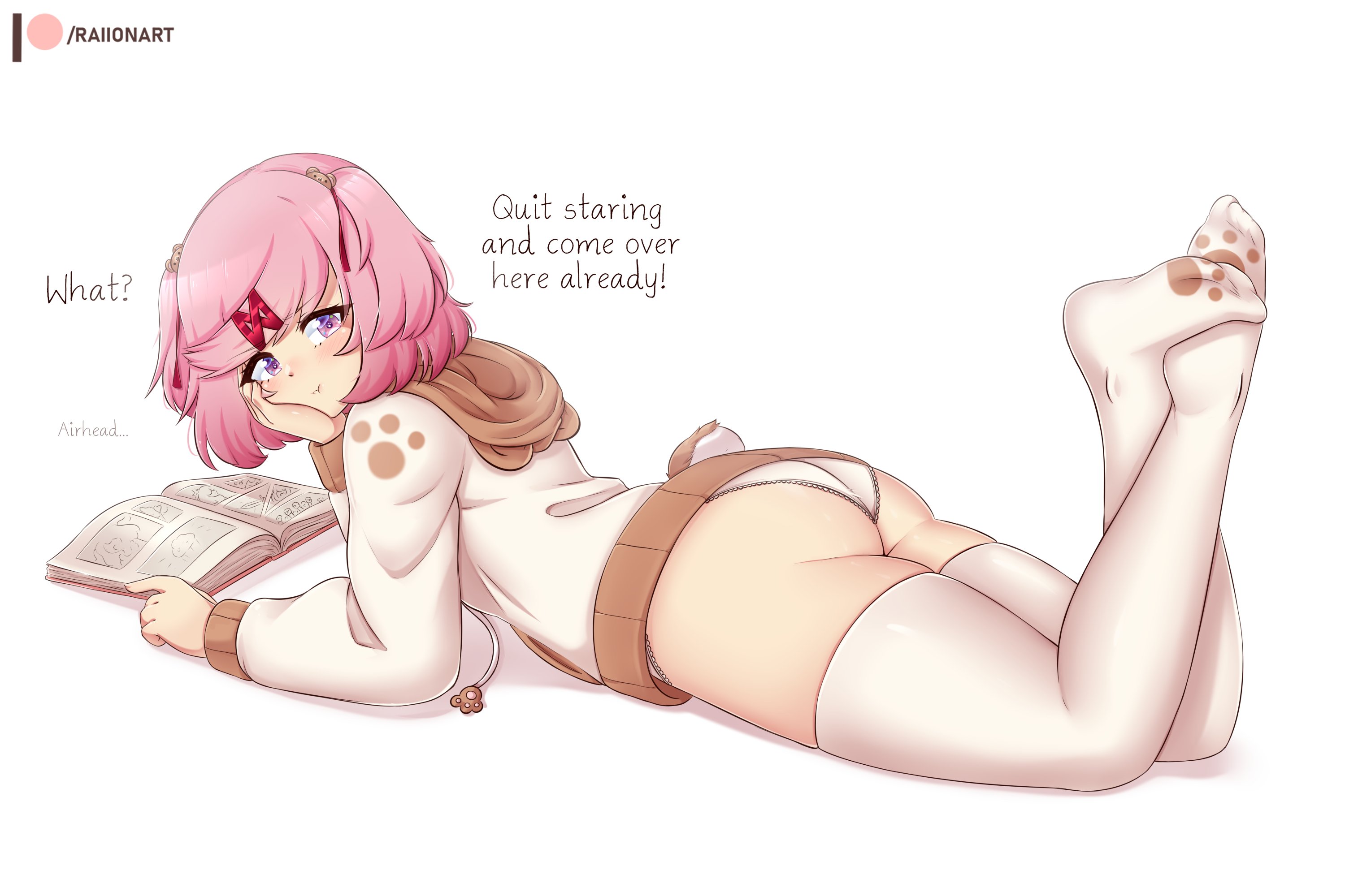 1girls, ass, big ass, big butt, blush, bubble ass, bubble butt, cat thighhighs, doki doki literature club, embarrassed, embarrassed female, english text, feet, feet up, female, female only, hoodie, hoodie only, human, legs up, looking at viewer, looking back, lying, lying down, lying on bed, lying on stomach, natsuki (doki doki literature club), panties, pawpads, paws, petite, petite body, petite female, purple eyes, raionart, short hair, solo, stockings, text, thick, thick ass, thick thighs, thighhighs