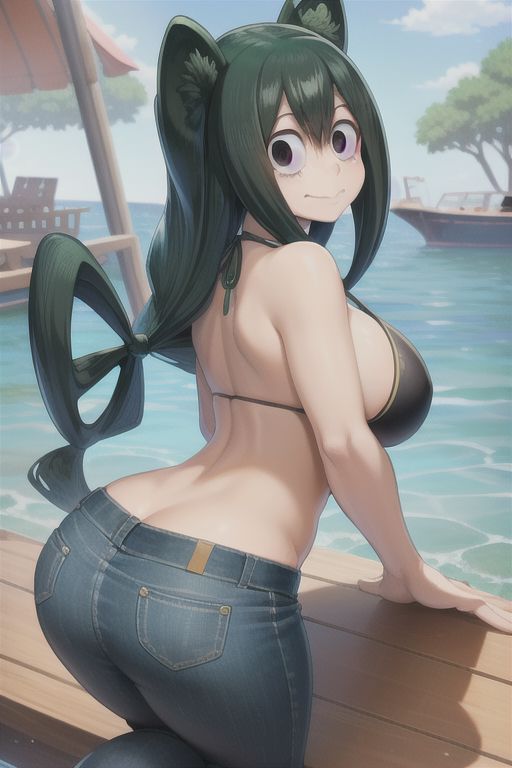 ai_generated big_breasts bikini_top boat from_behind halter_bikini halterneck jeans my_hero_academia tsuyu_asui wolf_ears