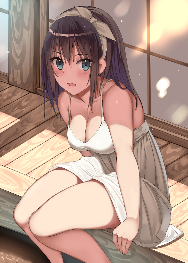 bare_arms bare_shoulders blue_eyes blush breasts brown_hair camisole clavicle cleavage female grey_hairband hairband kureha_(ironika) looking_at_viewer medium_breasts medium_hair open_mouth original solo spaghetti_strap tsubasa_(kureha)