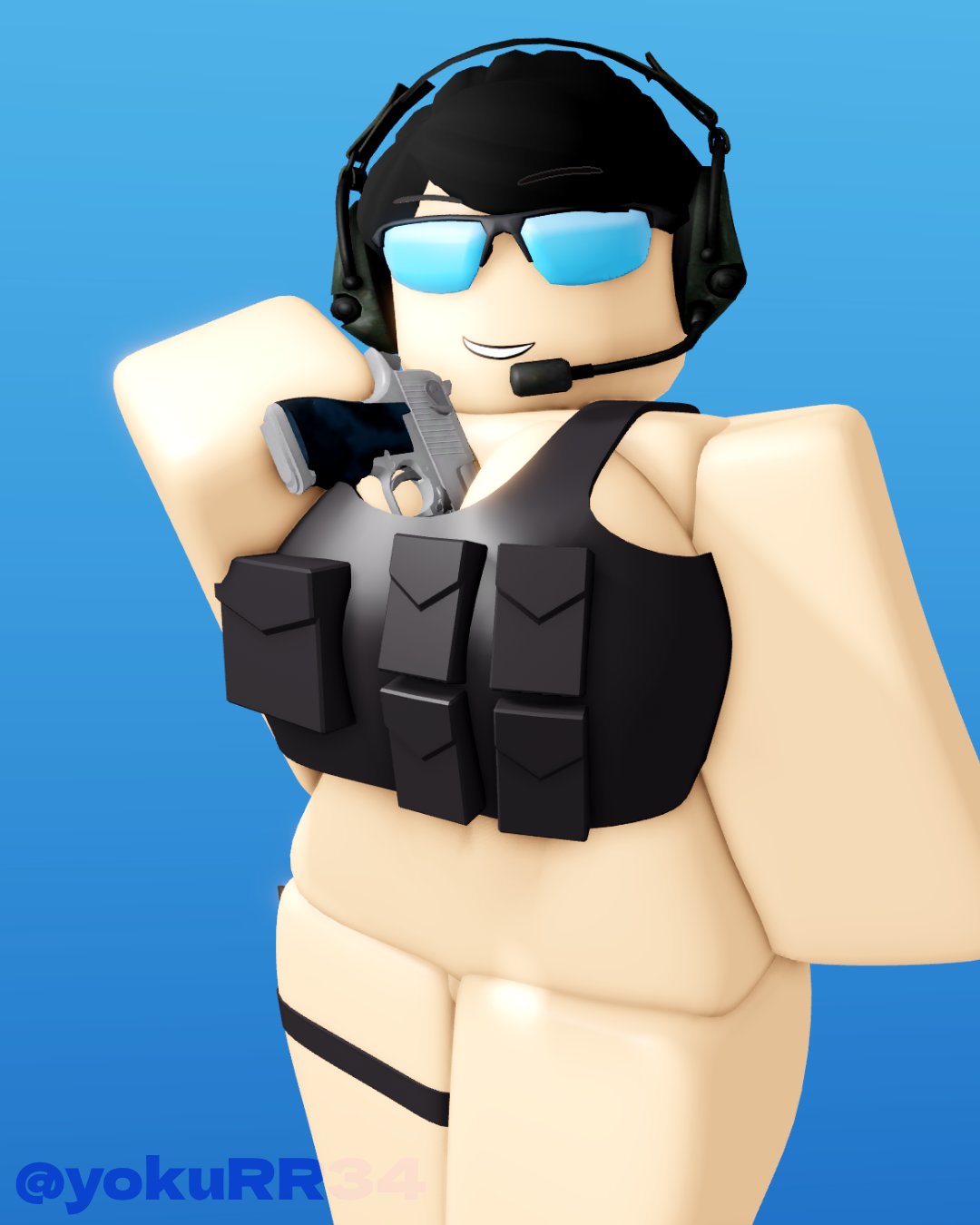 1girls 3d 3d_(artwork) arsenal_(rolve) big_ass big_breasts black_hair blue_background blue_glasses communicator_(rolve) desert_eagle glasses gun holding_object holding_weapon no_bra no_clothes no_panties no_pants object_between_breasts pistol roblox roblox_game robloxian rolve simple_background solo suggestive_look tagme thick_thighs twitter_username vest vest_only watermark yokurr34