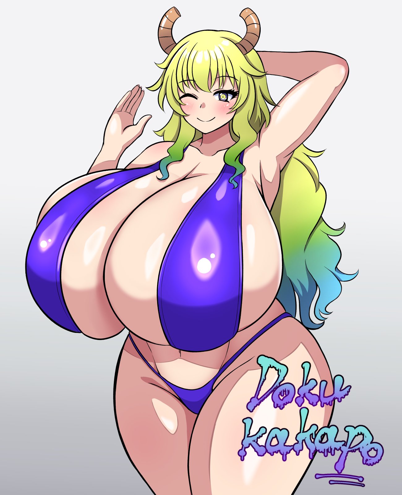 1girls alternate_version_available big_breasts bikini bikini_bottom bikini_top blonde_hair blue_bikini blush bottomwear breast_focus breasts cleavage codeorange162 female female_only hand_behind_head hips horns huge_breasts large_breasts long_hair massive_breasts mature mature_female mature_woman micro_bikini miss_kobayashi's_dragon_maid one_eye_closed quetzalcoatl_(dragon_maid) skimpy skimpy_bikini smile solo solo_female swimwear thighs topwear two_tone_hair yellow_eyes