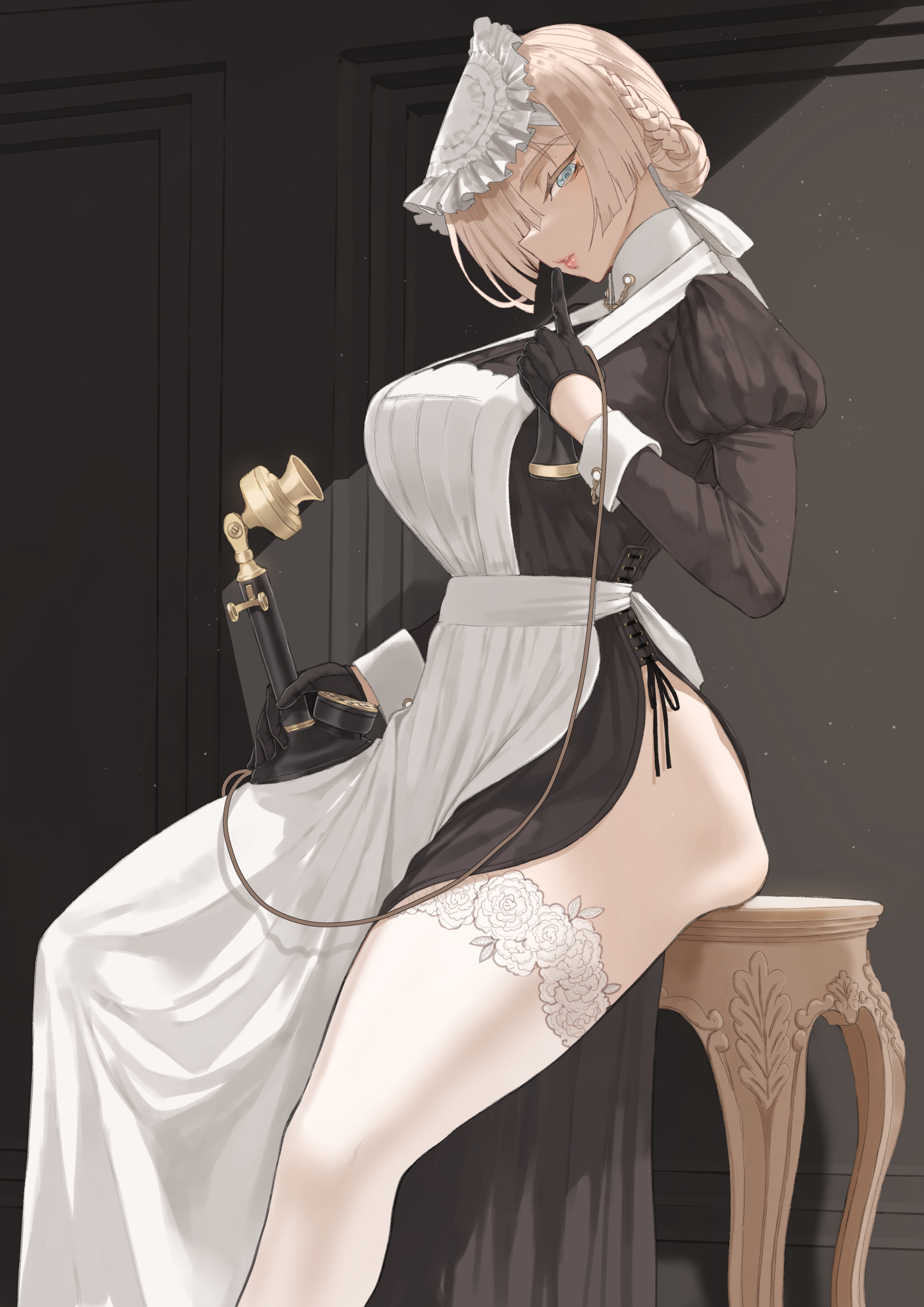 1girls, big breasts, blonde hair, blue eyes, breasts, dirty blonde hair, female, female only, hair over one eye, looking at viewer, maid, maid uniform, sitting, solo, thighhighs, throtem