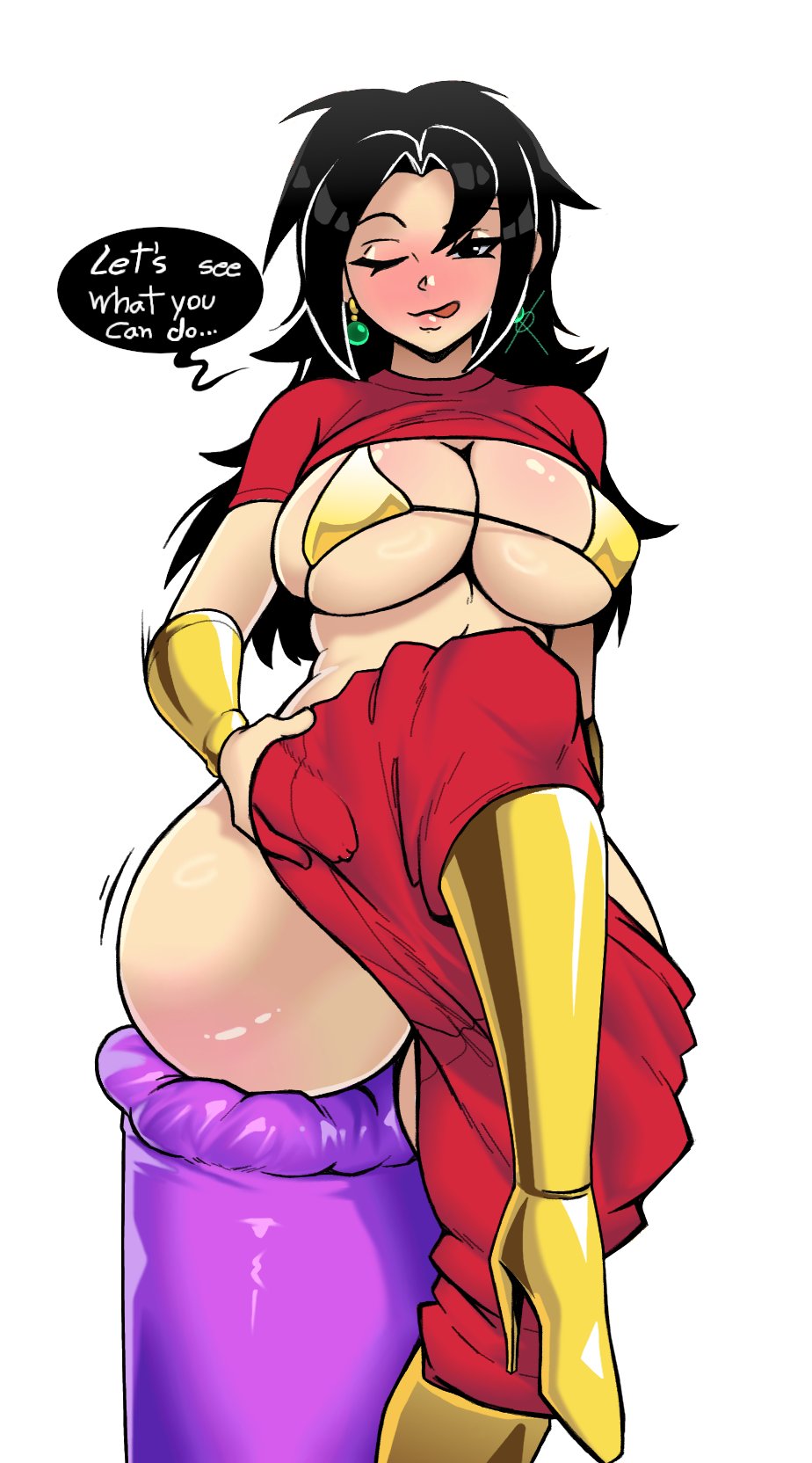 1girls breasts dragon_ball dragon_ball_super english_text female female_only kefla kiwiartsu large_breasts looking_at_viewer one_eye_closed solo text thighs white_background wide_hips