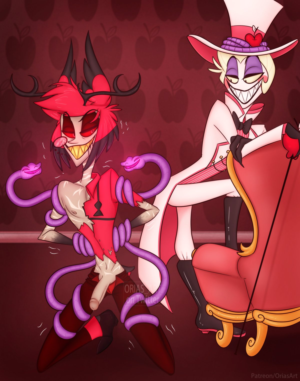 2boys alastor_(hazbin_hotel) antlers arms_behind_back arms_tied arms_tied_behind_back balls_under_clothes blonde_hair clothed deer demon erect_penis erection hands_tied hazbin_hotel knee_up kneeling looking_at_partner looking_back lucifer_morningstar_(hazbin_hotel) male male_only on_knees orias_art penis red_eyes red_hair restrained scars smile smiling smooth_skin snake thighs tied torn_clothes unzipped vivienne_medrano white_skin yaoi