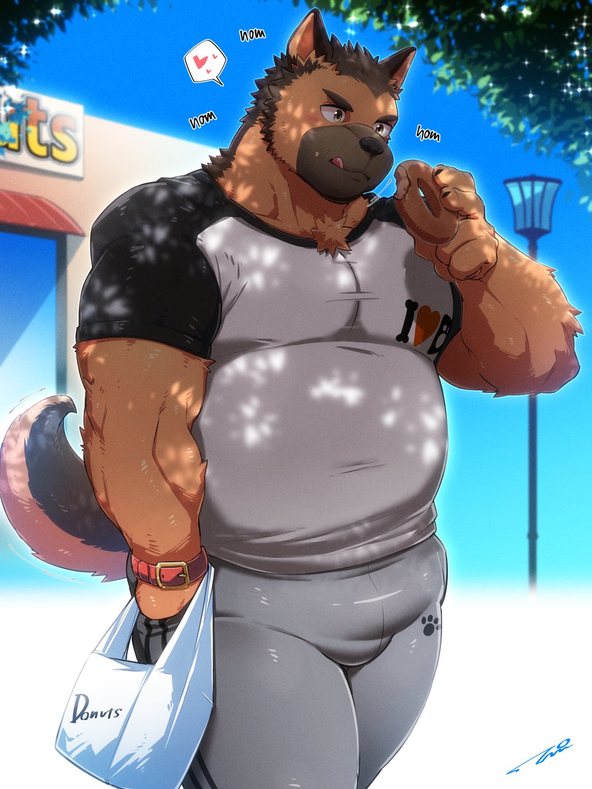 1boy 3:4 anthro anthro_only bag bara bottomwear brown_body brown_eyes brown_fur bulge canid canine canis clothed clothing crumbs dad_bod dadbod dessert domestic_dog doughnut eating food fur furry furry_only gay genital_outline german_shepherd grey_bottomwear grey_clothing grey_pants hand_in_pocket heart herding_dog hi_res holding_food holding_object leaf male mammal moobs muscle musclegut muscles muscular muscular_male outside pants pastoral_dog penis_outline pockets solo solo_focus solo_male speech_bubble street_lamp tepen tongue tongue_out tptptpn wristband yaoi