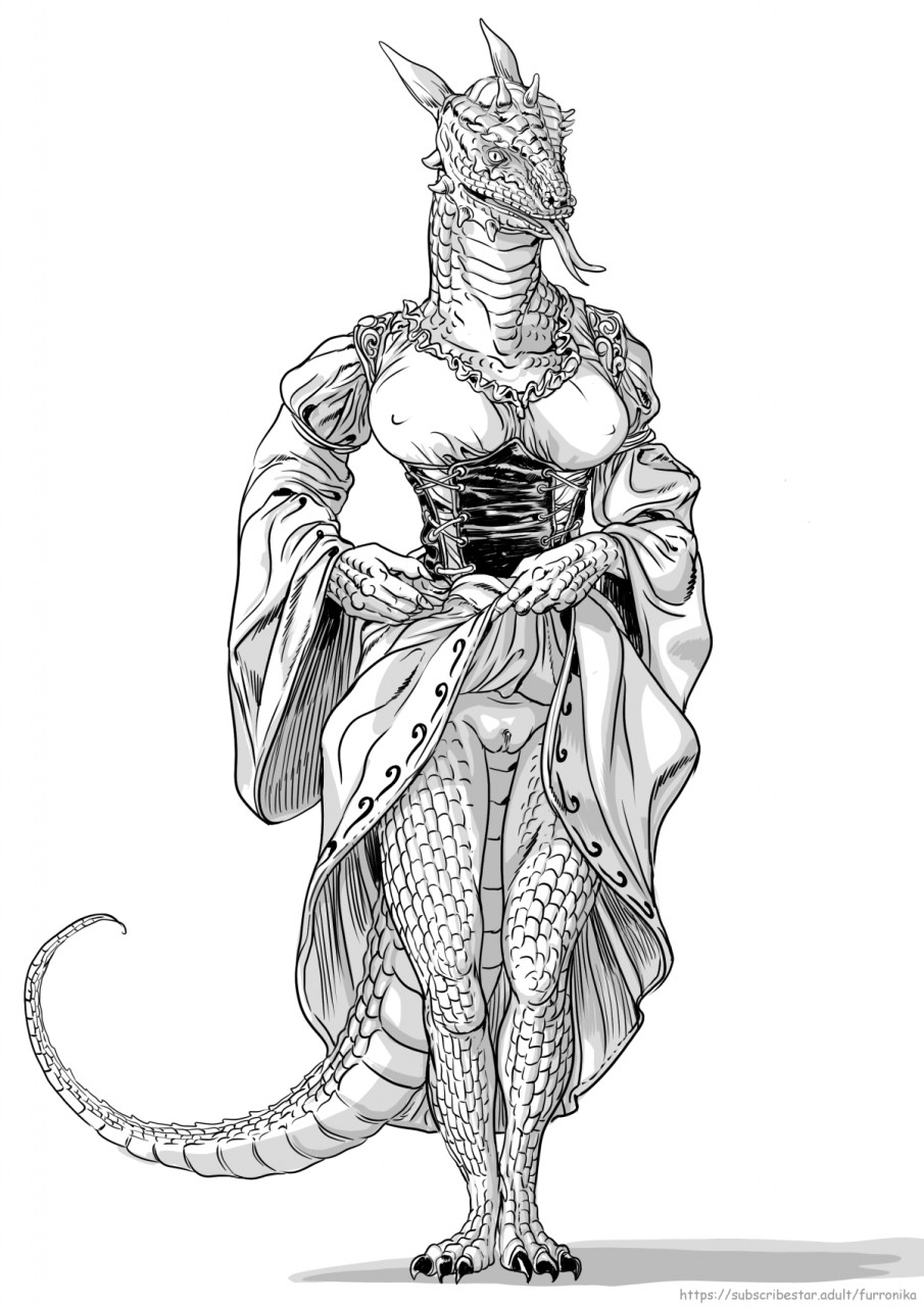 anthro argonian bethesda_softworks bottomwear clothed clothing clothing_lift corset dress female furronika genitals hairless_pussy hi_res lingerie looking_at_viewer monochrome open_mouth pussy scalie simple_background skirt skirt_lift solo the_elder_scrolls tongue tongue_out topwear video_games white_background