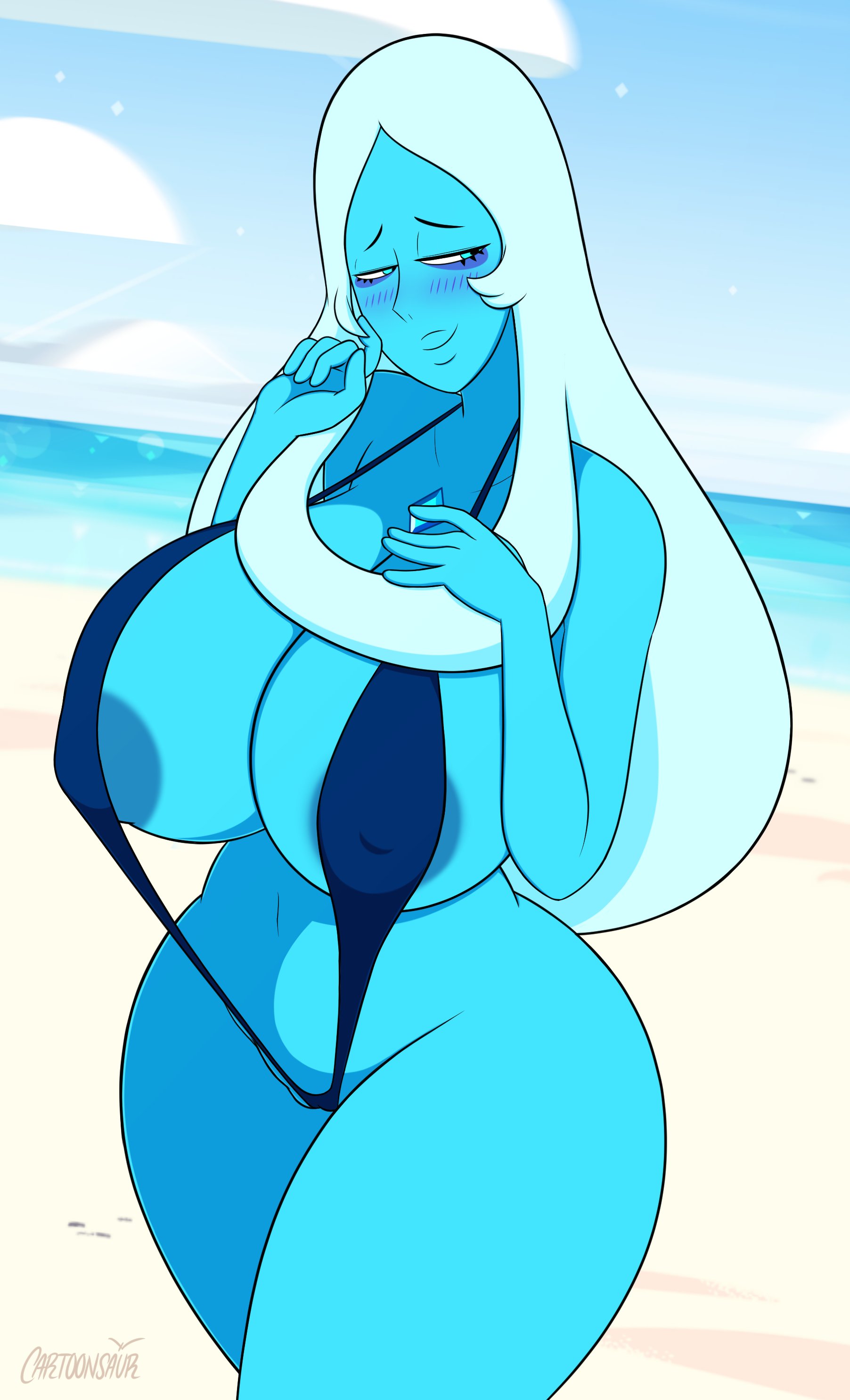 1girls, 2d, beach, blue diamond (steven universe), blue eyes, blue hair, blue skin, blue-skinned female, blush, breasts, cartoon network, cartoonsaur, clothed, clothing, female, female only, gem (species), huge breasts, large breasts, long hair, mostly nude, slingshot swimsuit, smile, solo, solo female, standing, steven universe, steven universe future, thick thighs, wide hips