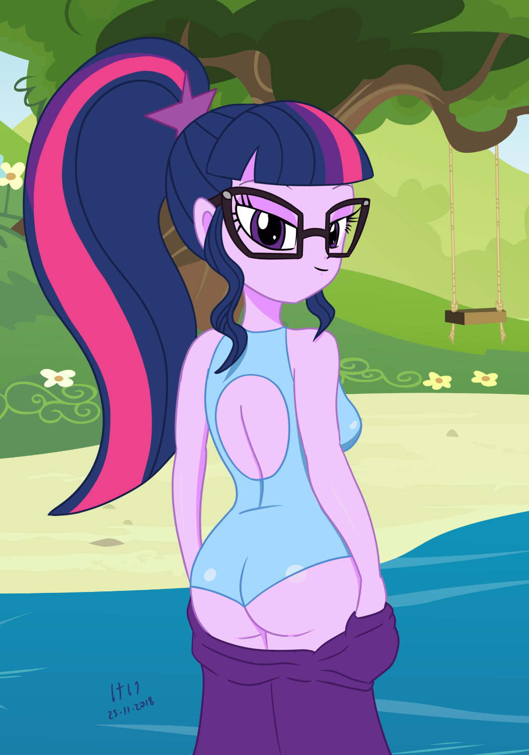 1girls 2018 ass bespectacled equestria_girls female female_only friendship_is_magic glasses keidashu long_hair looking_at_viewer looking_back looking_over_shoulder mostly_nude my_little_pony nude one-piece_swimsuit outdoors outside ponytail sci-twi solo standing standing_in_water swimsuit twilight_sparkle_(mlp)