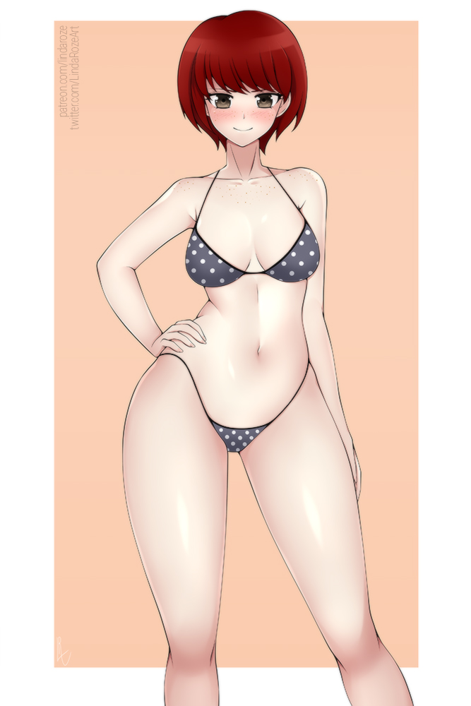 big breasts, bikini, blush, breasts, busty, danganronpa, danganronpa 2: goodbye despair, female, hourglass figure, huge breasts, koizumi mahiru, large breasts, lindaroze, narrow shoulders, red hair, smooth skin, thick thighs, voluptuous, voluptuous female, wide hips