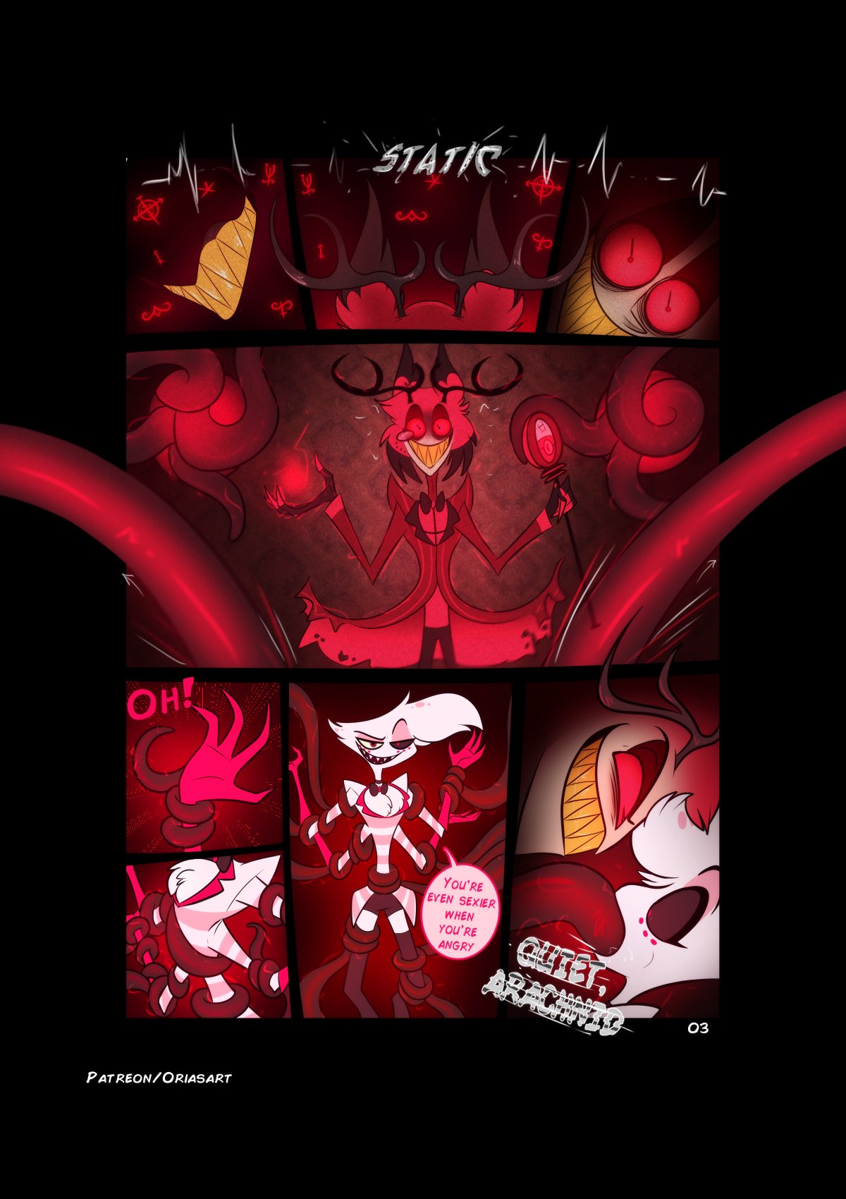 2boys alastor_(hazbin_hotel) angel_dust_(hazbin_hotel) blowjob bowtie chest_tuft clothed comic deer demon fellatio gloves hazbin_hotel horns looking_down magic male male_only no_pupils orias_art page_3 red_hair restrained skirt smile smiling spider suspension tentacle tentacle_on_male tentacle_sex tentacles thighhighs vivienne_medrano white_body white_hair yaoi