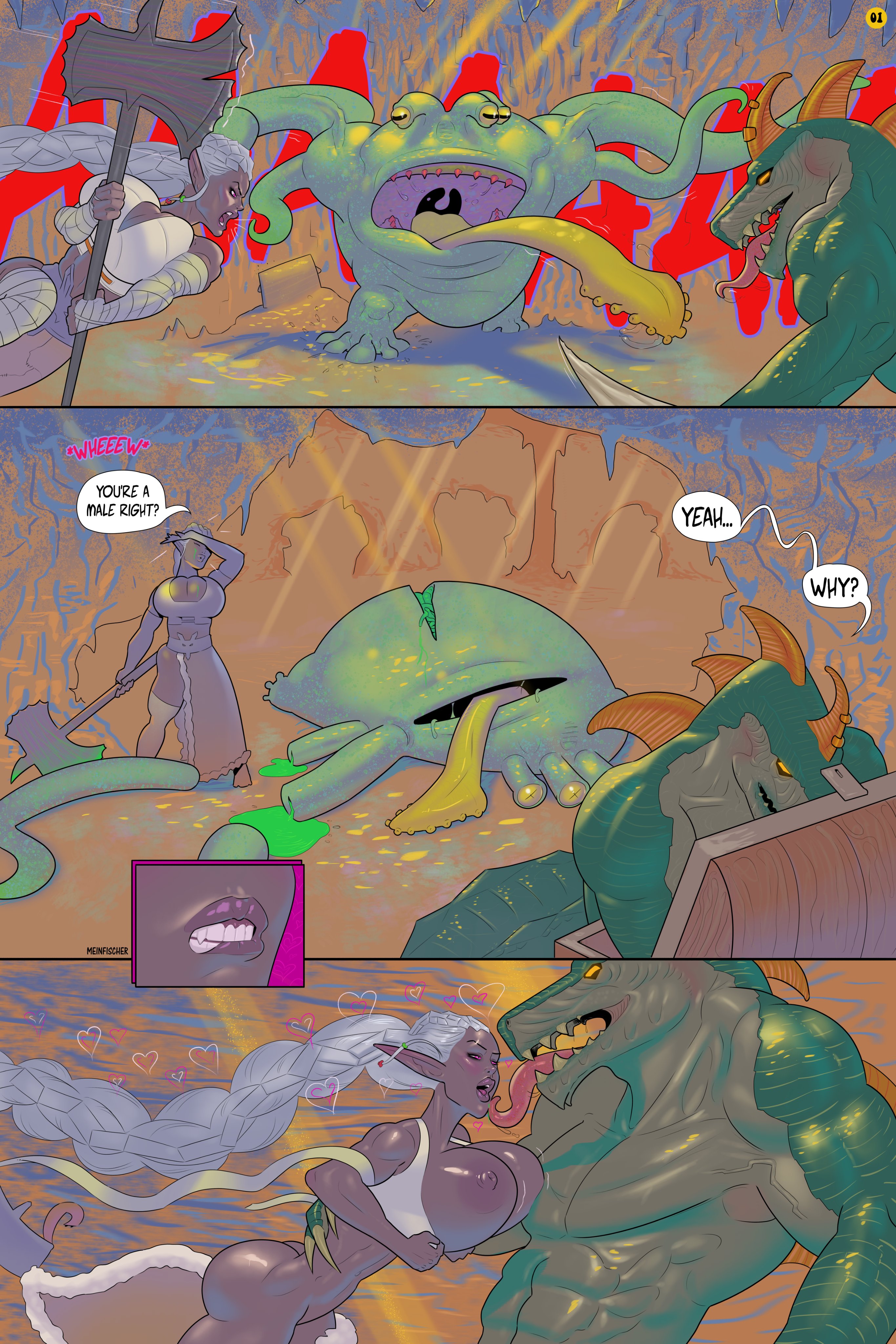 1boy, 1girls, anthro, big penis, bimbo, biting lip, breasts, busty, comic, dark elf, diphallia, diphallism, elf, english text, female, green scales, hetero, hourglass figure, lip biting, male, male/female, meinfischer, multi genitalia, multi penis, outdoors, page 1, penis, pointy ears, reptile humanoid, scalie, sex, speech bubble, tagme, wide hips