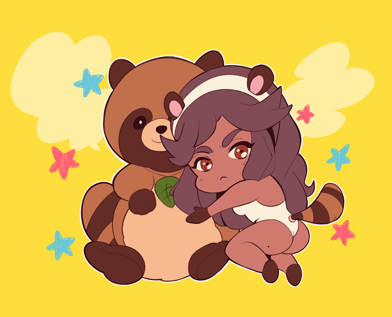 ass chibi cute mari mari(tiaramisstsu) mole_on_ass plushie pout raccoon raccoon_ears raccoon_girl raccoon_tail stars tiaramisstsu wholesome yellow_background