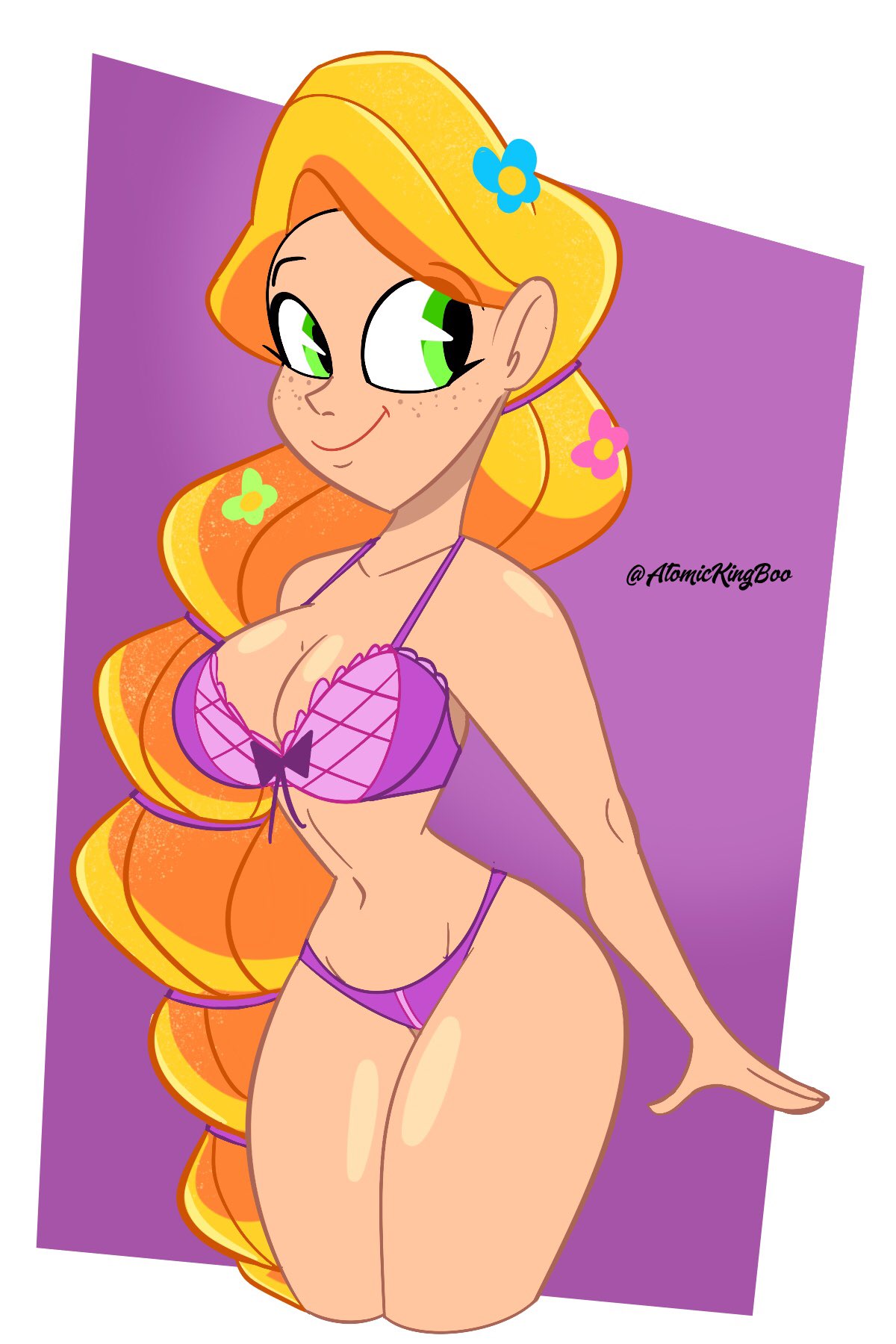 1girls, atomickingboo, blonde, blonde hair, bra, breasts, cleavage, disney, female, flower, flower in hair, lace-trimmed bra, lingerie, panties, rapunzel, tagme, tangled, thighs, underwear