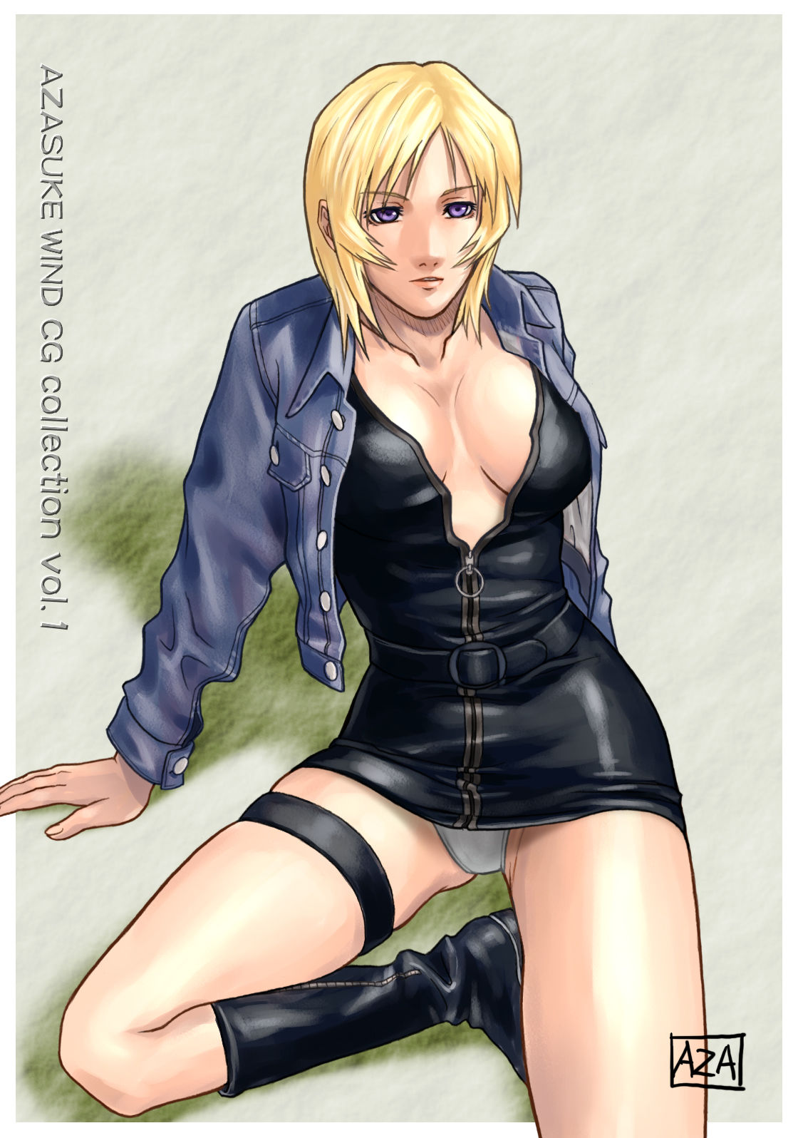 aya_brea azasuke big_breasts blonde_hair boots breasts busty denim_jacket female female_focus female_only hourglass_figure jacket parasite_eve purple_eyes sitting solo tagme thigh_holster wide_hips