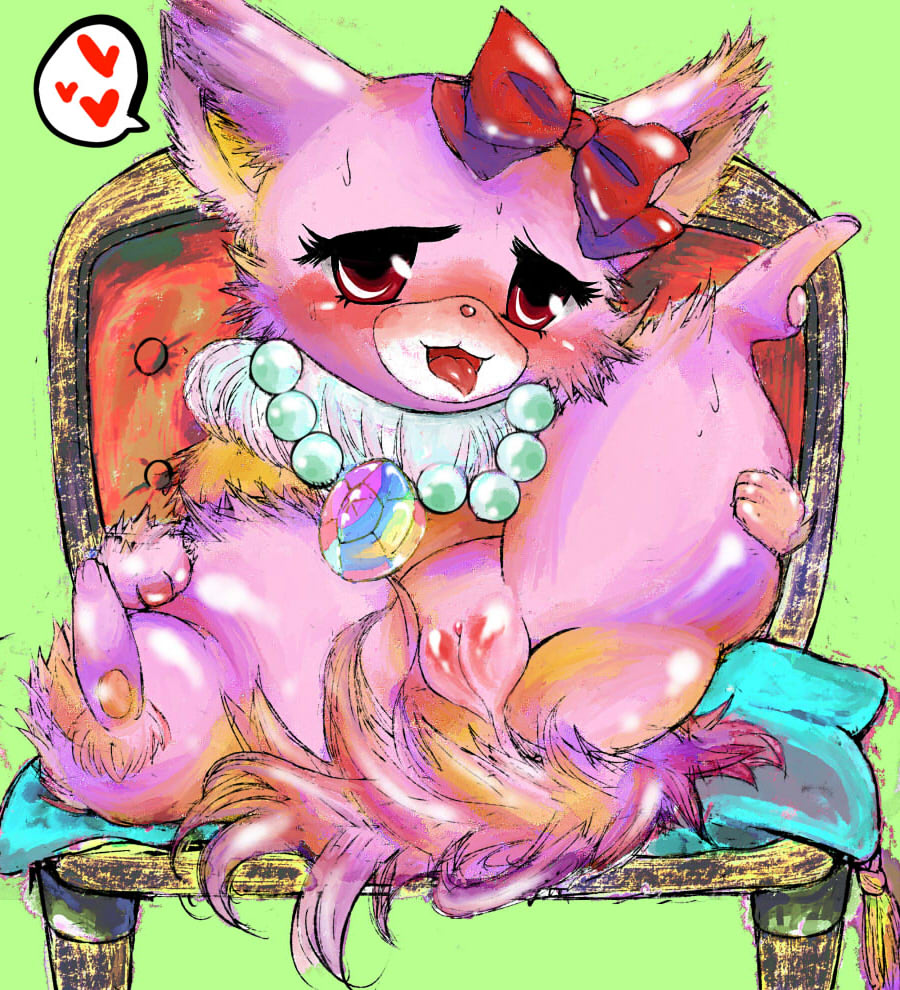 1girls blush bow chair clitoris feline female female_only feral garnet_(jewelpet) heart jewelpet jewelpet_(species) pearl_necklace pink_fur pussy red_eyes sanrio simple_background sitting sitting_on_chair solo spread_legs spreading t_(artist) tongue_out