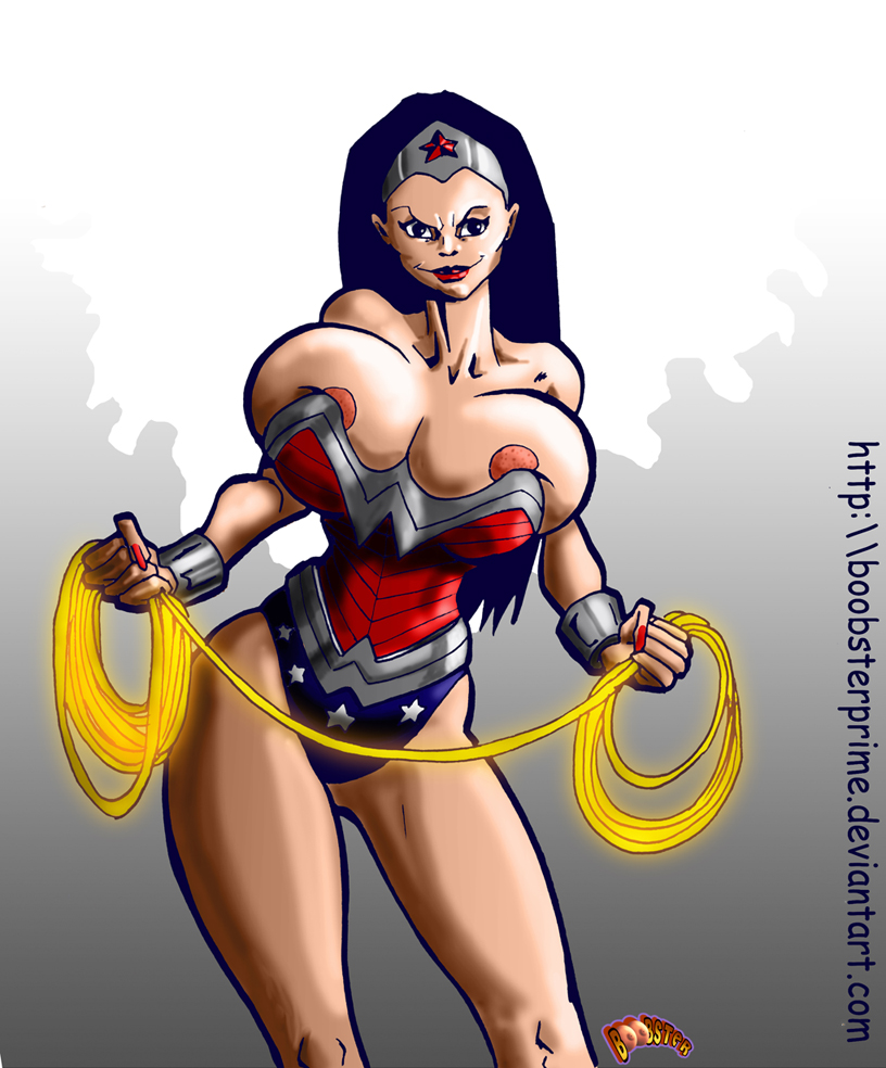 1girls bare_shoulders boobsterprime bursting_breasts cleavage dc_comics huge_breasts nipples solo text wonder_woman wonder_woman_(series)