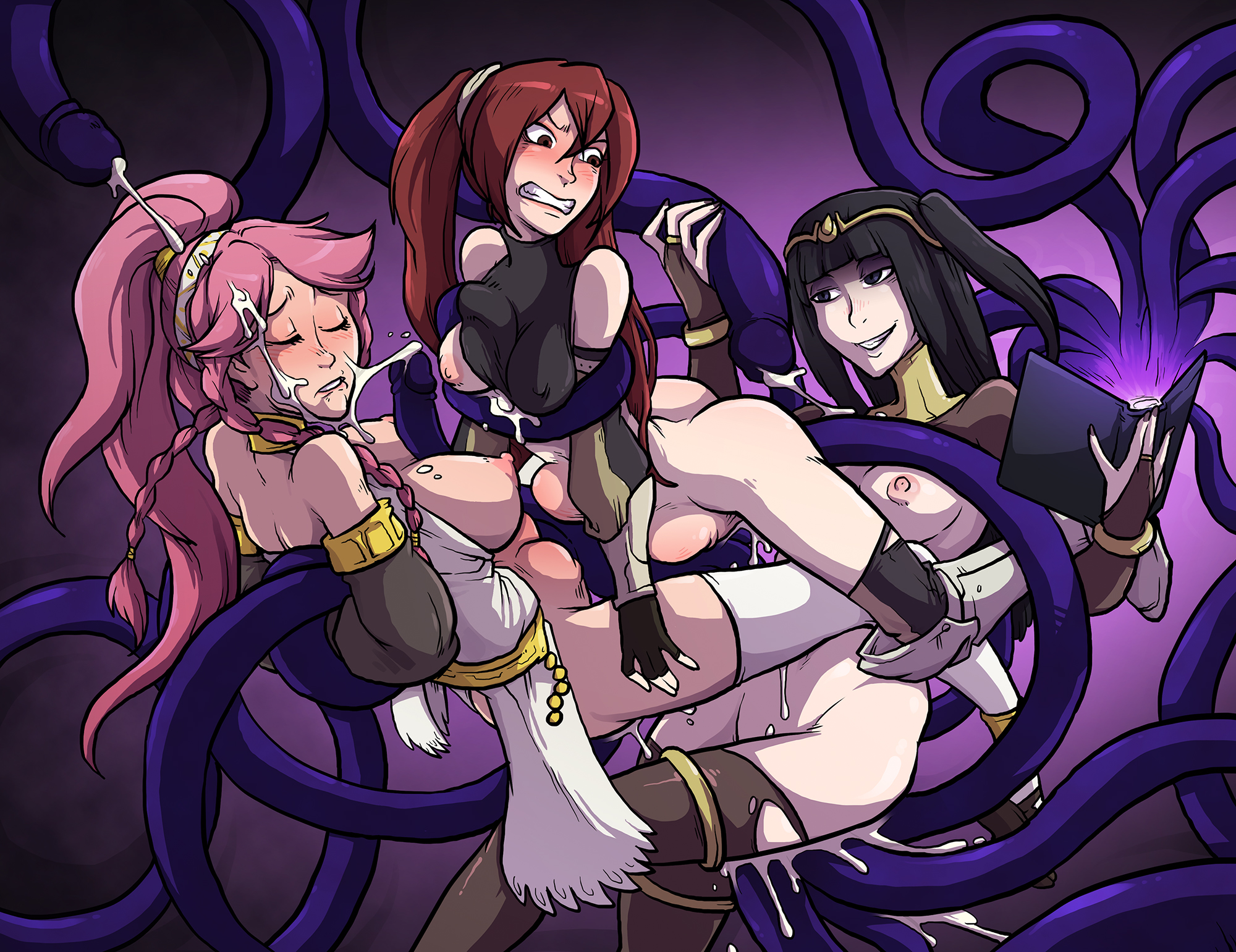 3girls, arms behind back, ass, black hair, blush, bondage, book, boots, breasts, brown hair, circlet, closed eyes, cum, cum drip, cum inside, cum on face, facial, female, femdom, femsub, fire emblem, fire emblem awakening, insertion, large breasts, long hair, magic, multiple females, multiple girls, multiple subs, nintendo, nipples, olivia (fire emblem), paizuri, paizuri under clothes, pink hair, ponytail, red hair, restrained, severa (fire emblem), smile, sparrow (artist), stomach bulge, summoning, tentacle, tentacle bondage, tentacle sex, tharja (fire emblem), thighhighs, tied hair, twintails
