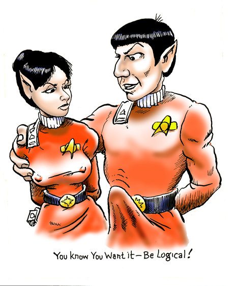 alien bulge combadge dennis_clark english_text erection_under_clothes female humanoid male nipple_bulge pointy_ears saavik spock star_trek star_trek_ii_the_wrath_of_khan starfleet_insignia starfleet_uniform vulcan_(species)